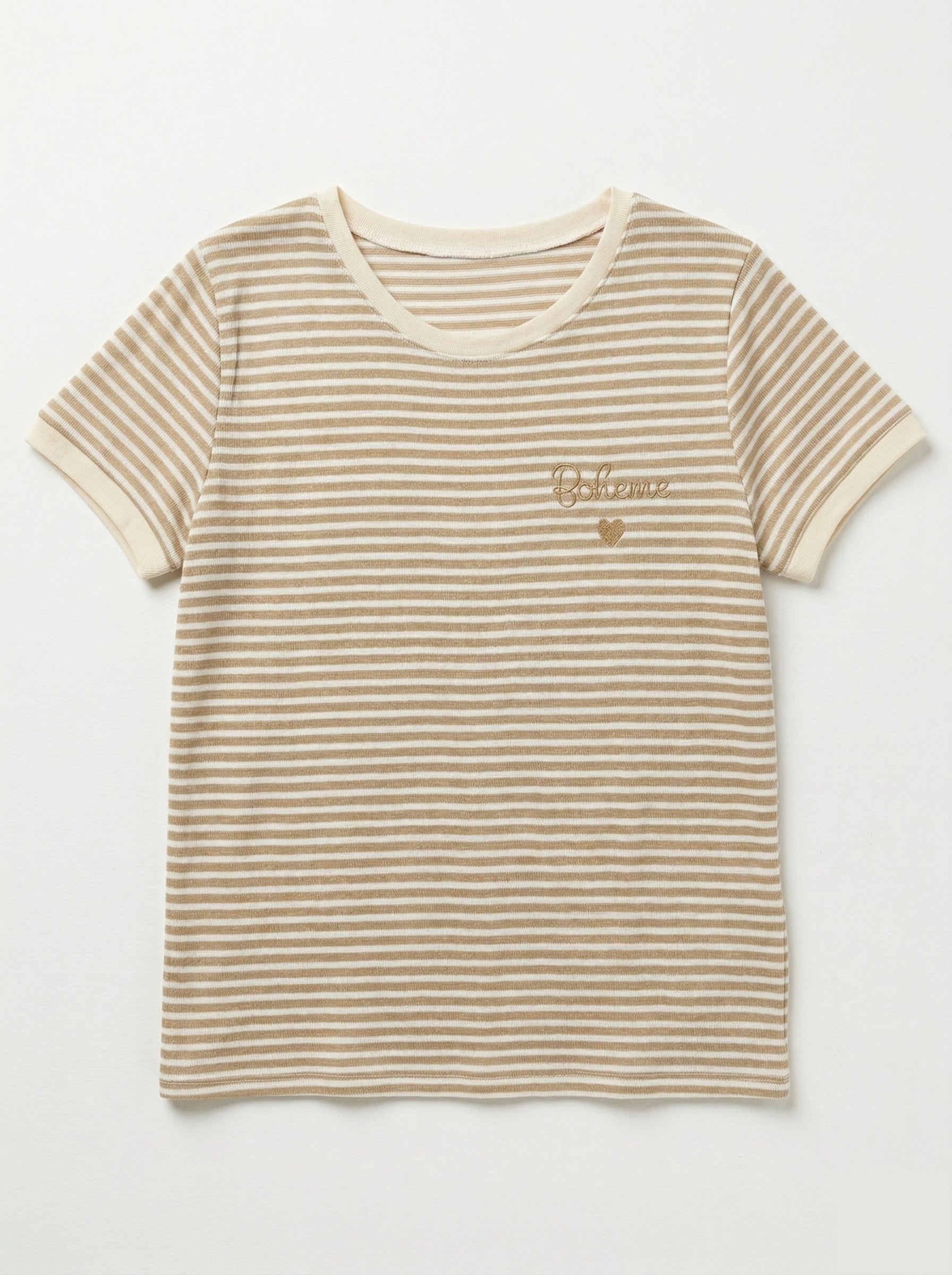 MYBESBG Bohemian Embroidery Striped T-shirt Beige