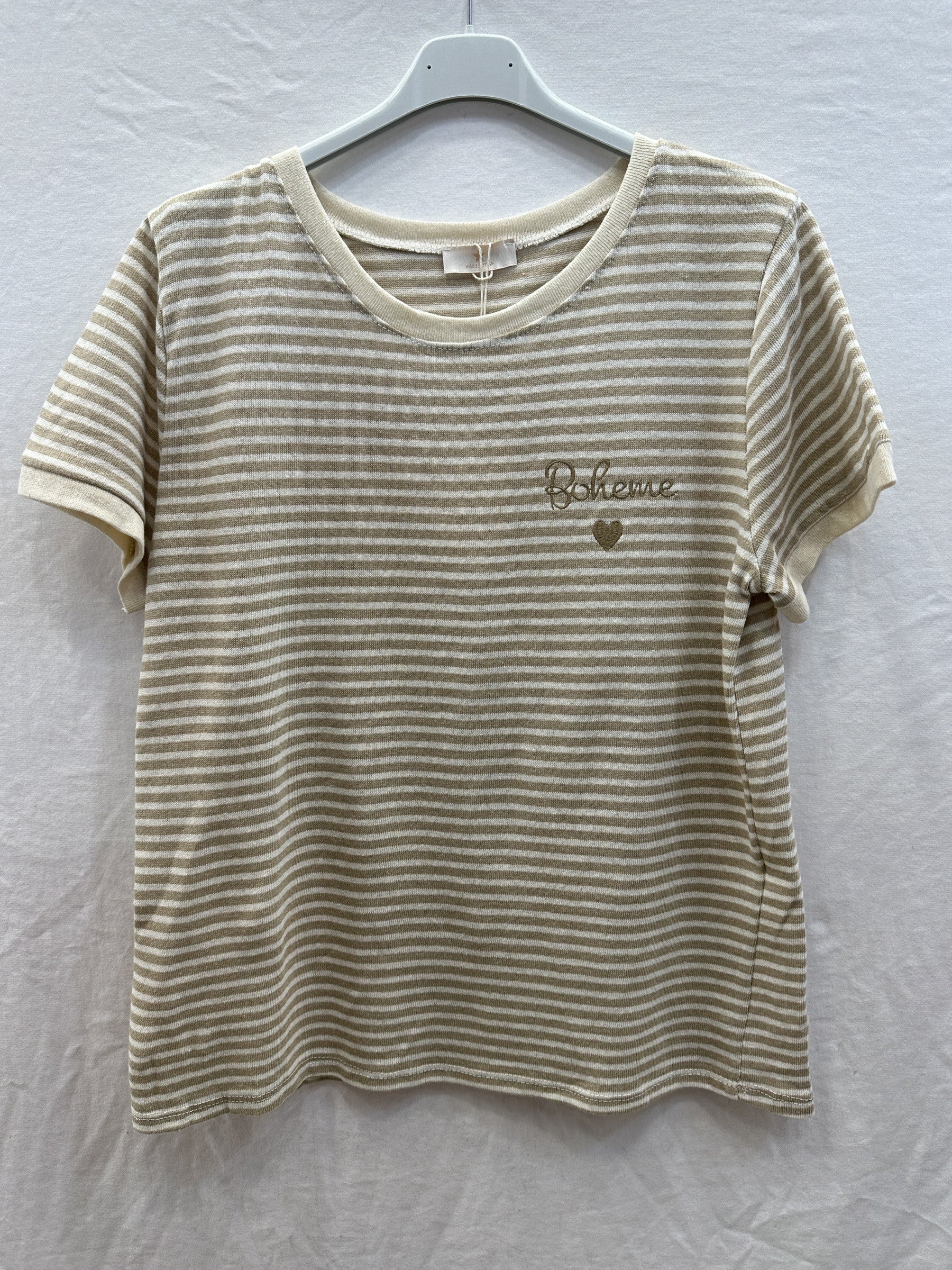 MYBESBG Bohemian Embroidery Striped T-shirt Beige