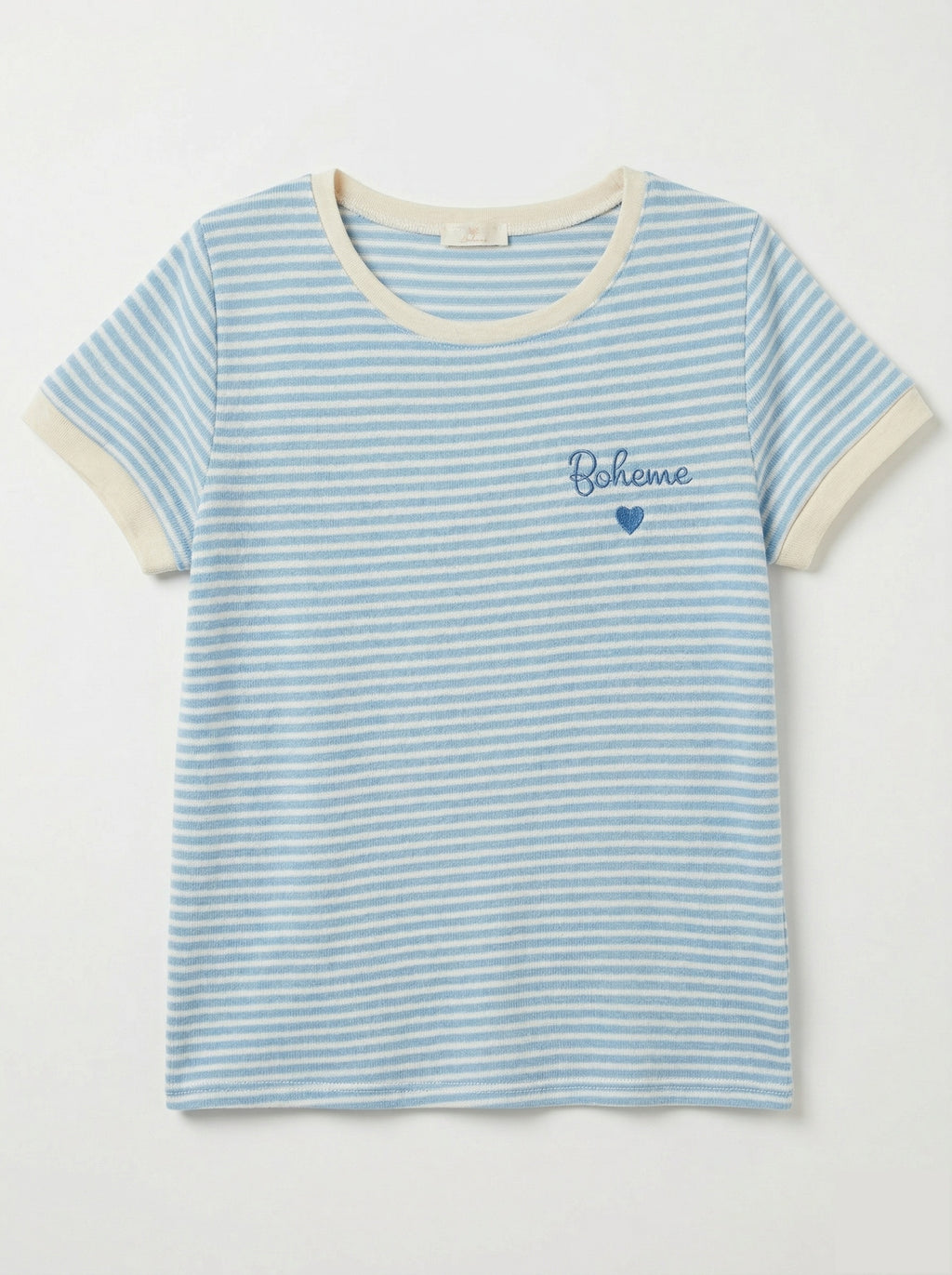 MYBESSB Bohemian Embroidery Striped T-shirt Sky Blue