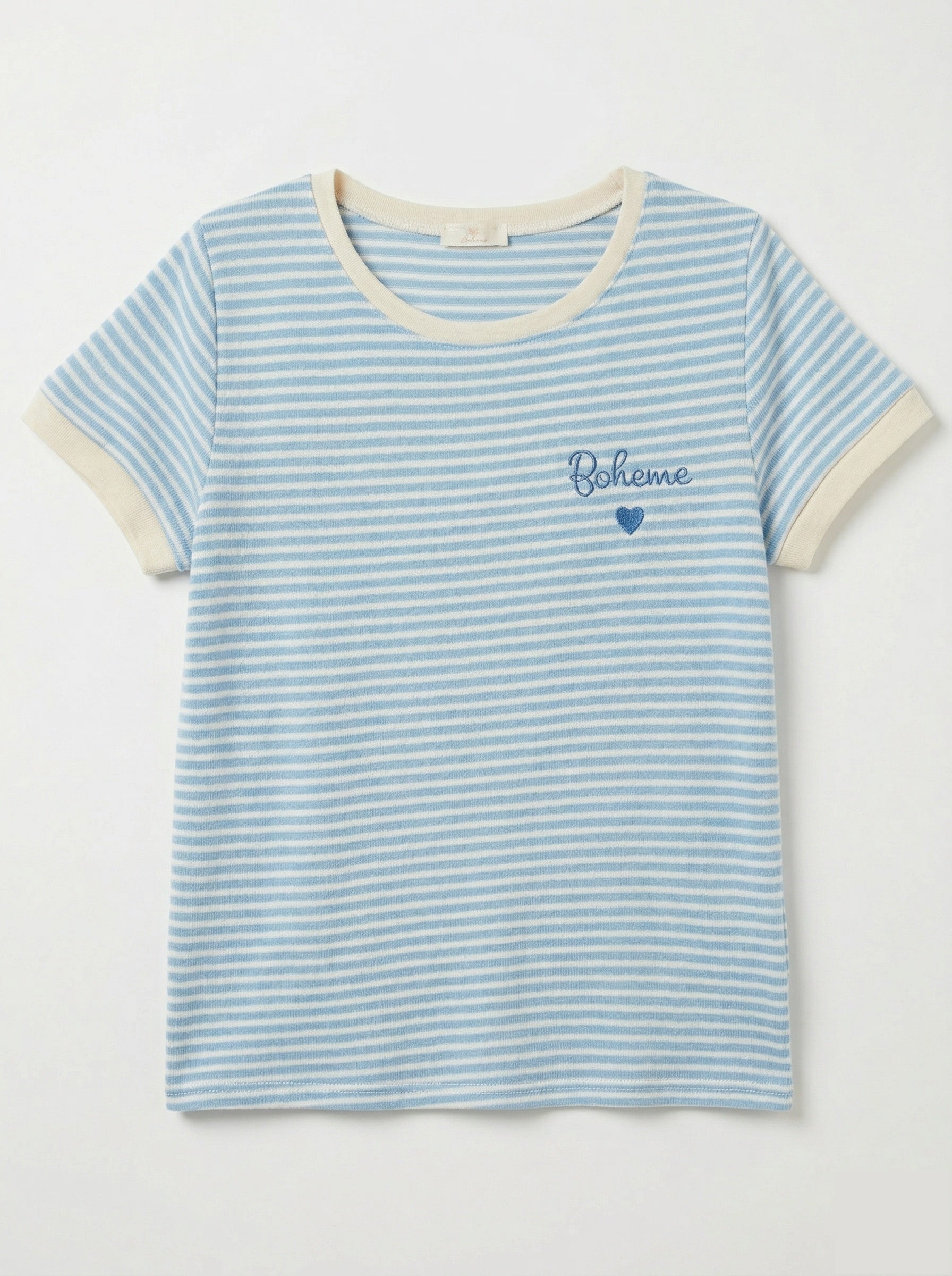 MYBESSB Bohemian Embroidery Striped T-shirt Sky Blue