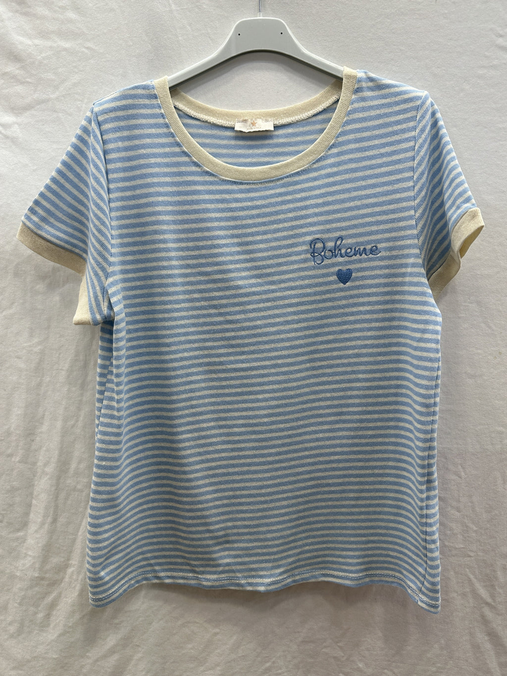MYBESSB Bohemian Embroidery Striped T-shirt Sky Blue