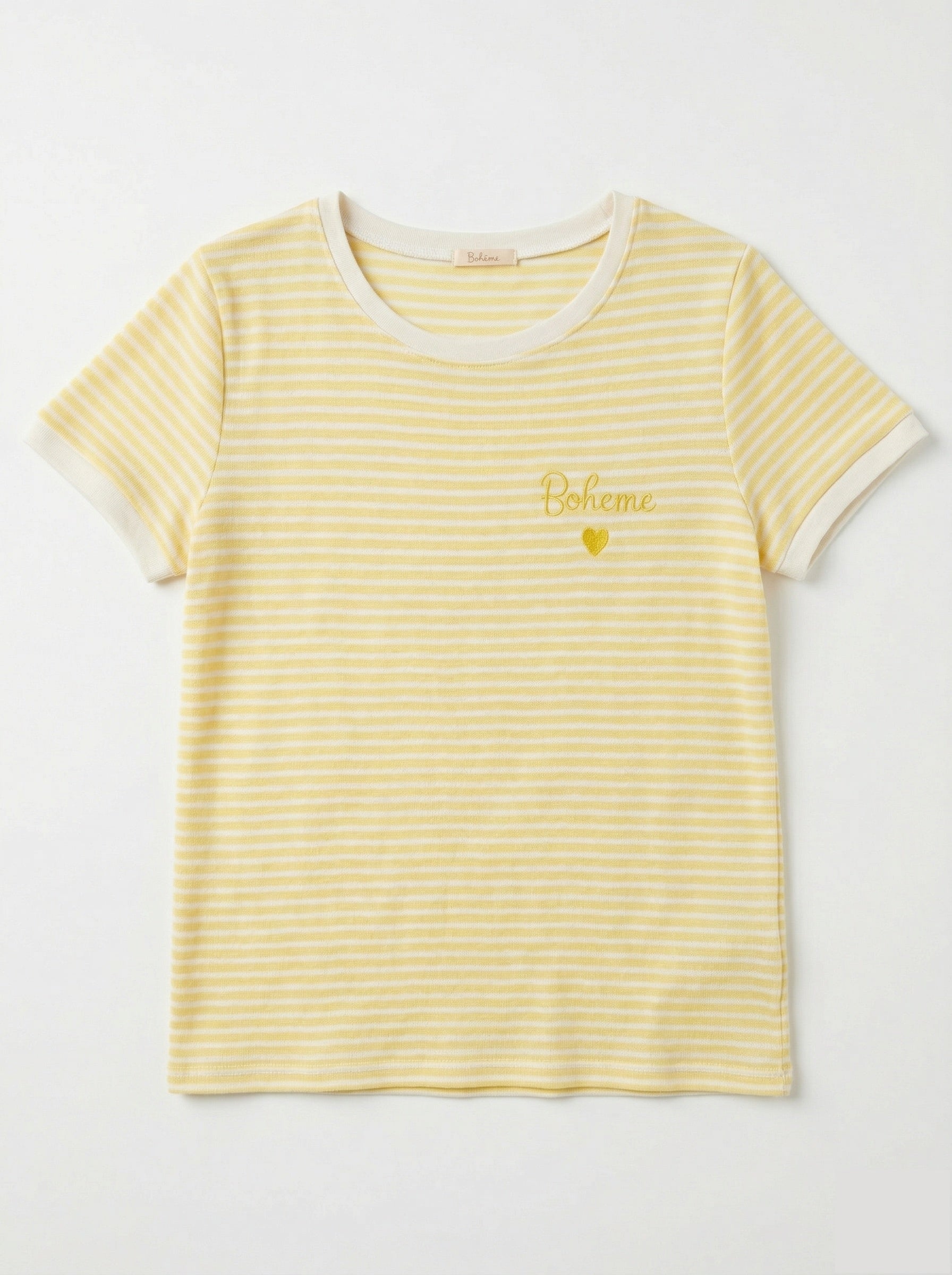 MYBESY Bohemian Embroidery Striped T-shirt Yellow