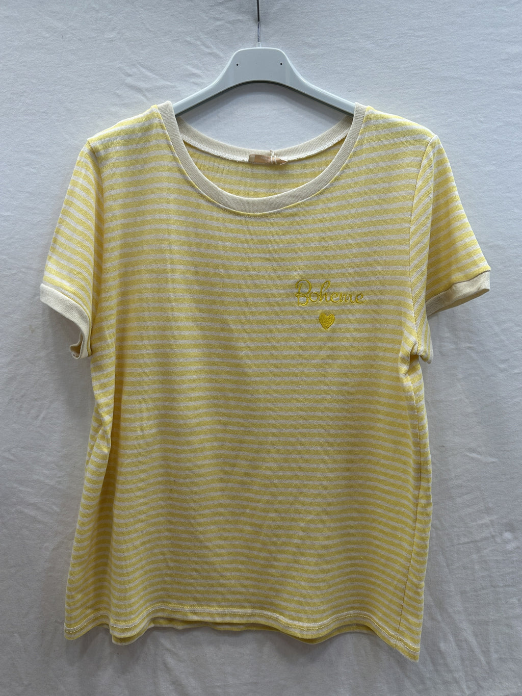 MYBESY Bohemian Embroidery Striped T-shirt Yellow