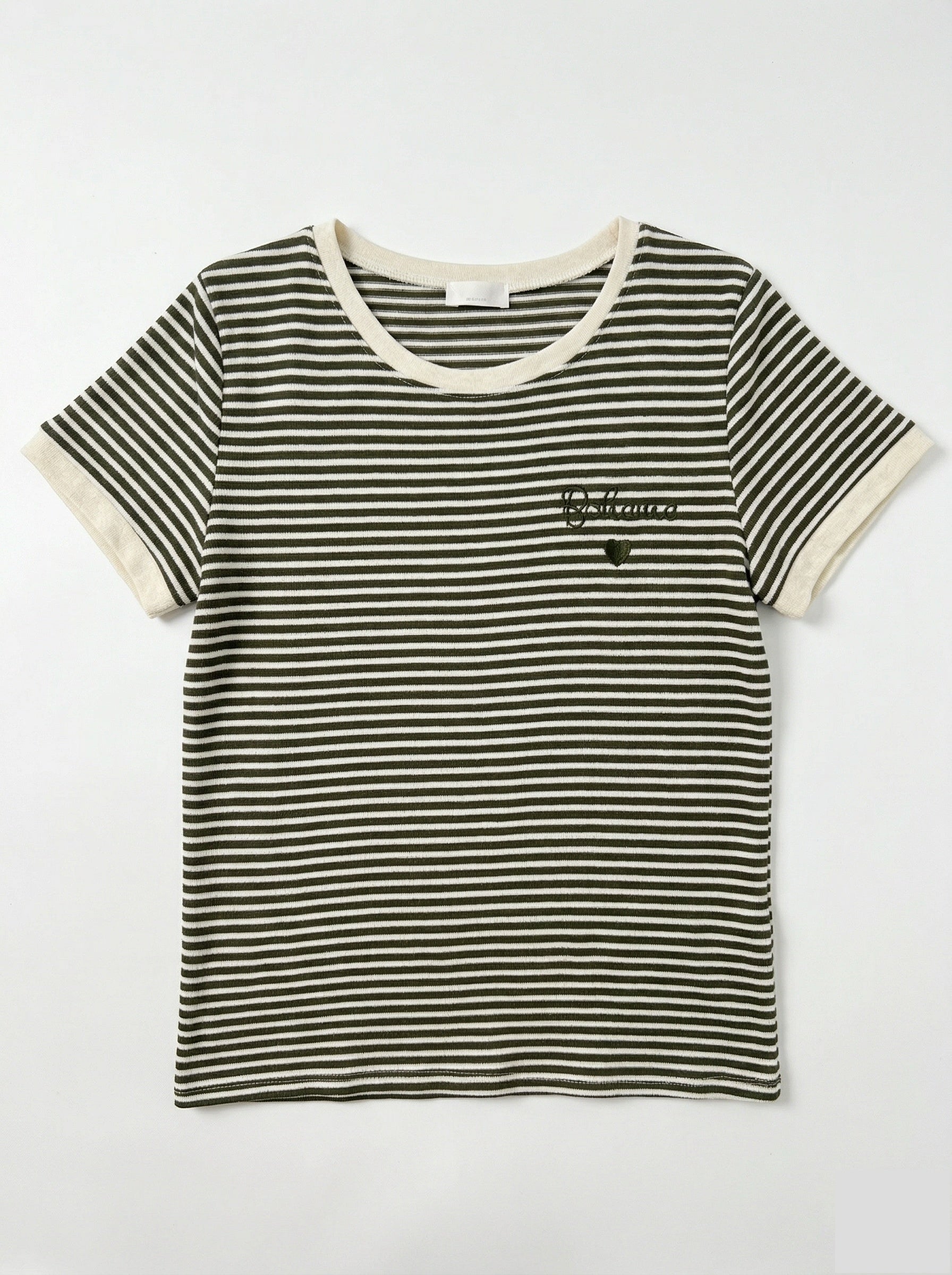 MYBESKK Bohemian Embroidery Striped T-shirt Kaki