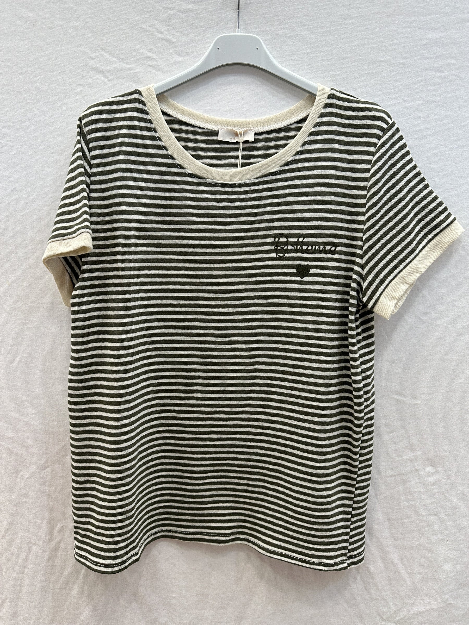 MYBESKK Bohemian Embroidery Striped T-shirt Kaki