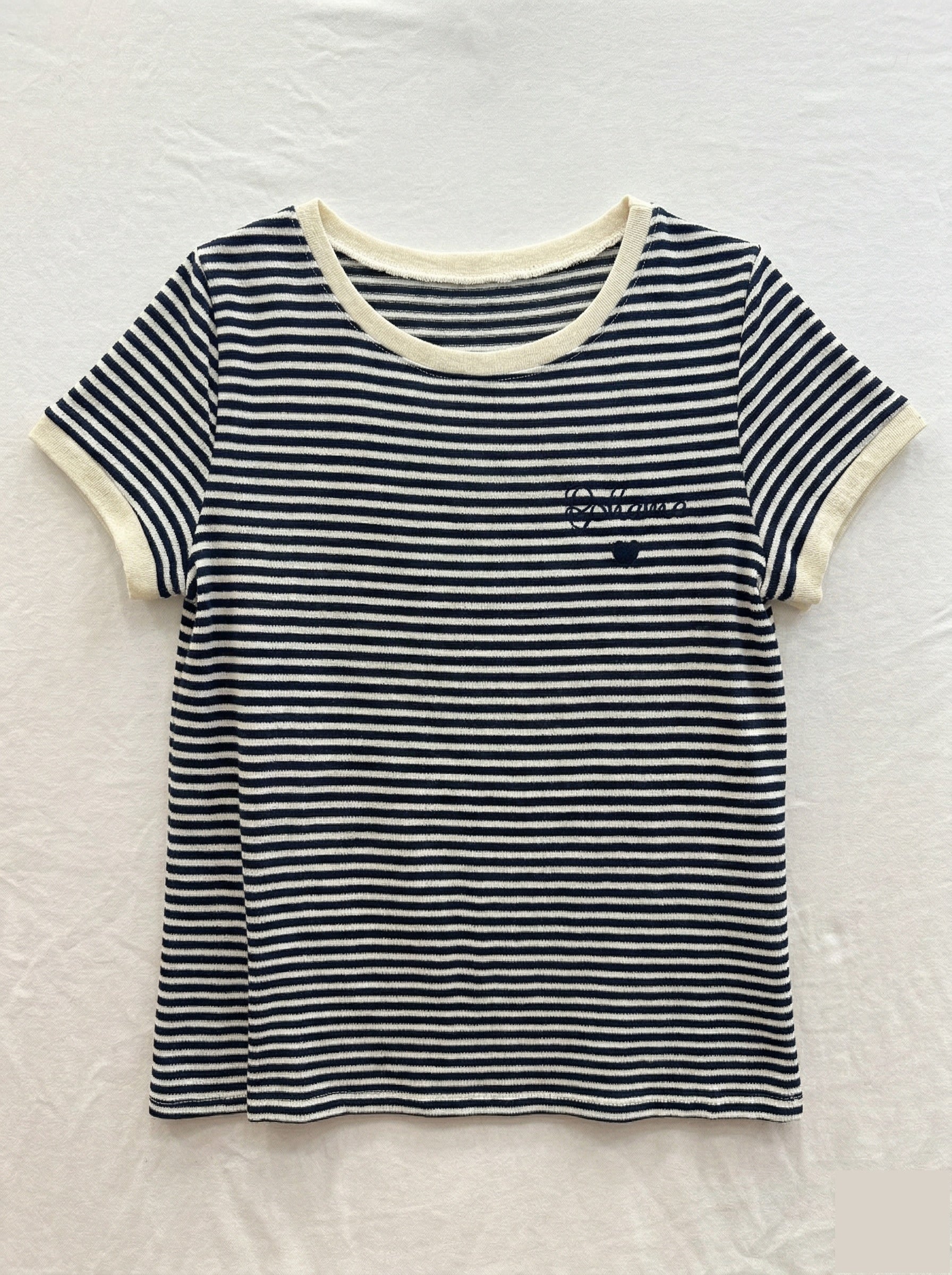 MYBESNV Bohemian Embroidery Striped T-shirt Navy
