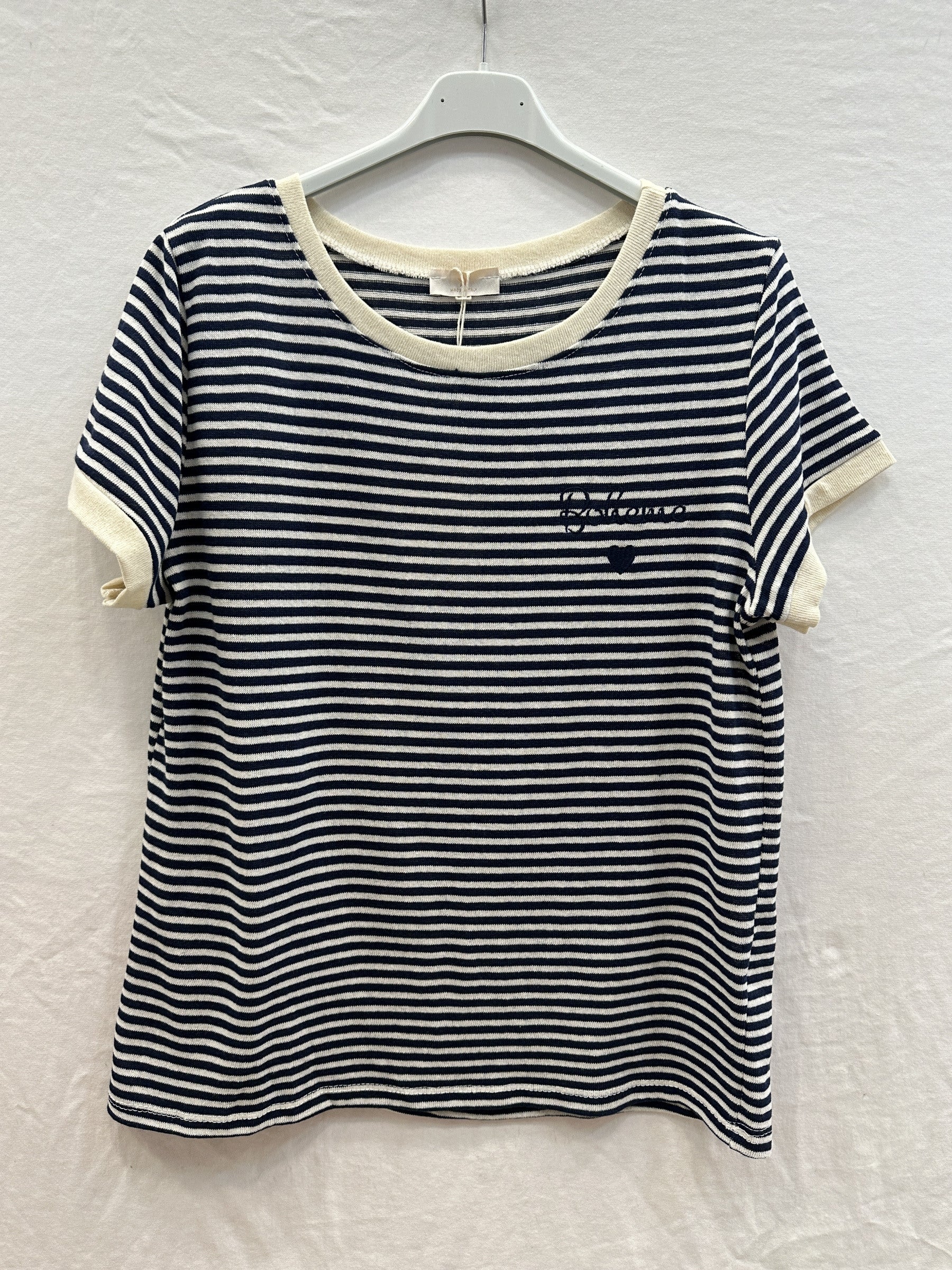 MYBESNV Bohemian Embroidery Striped T-shirt Navy
