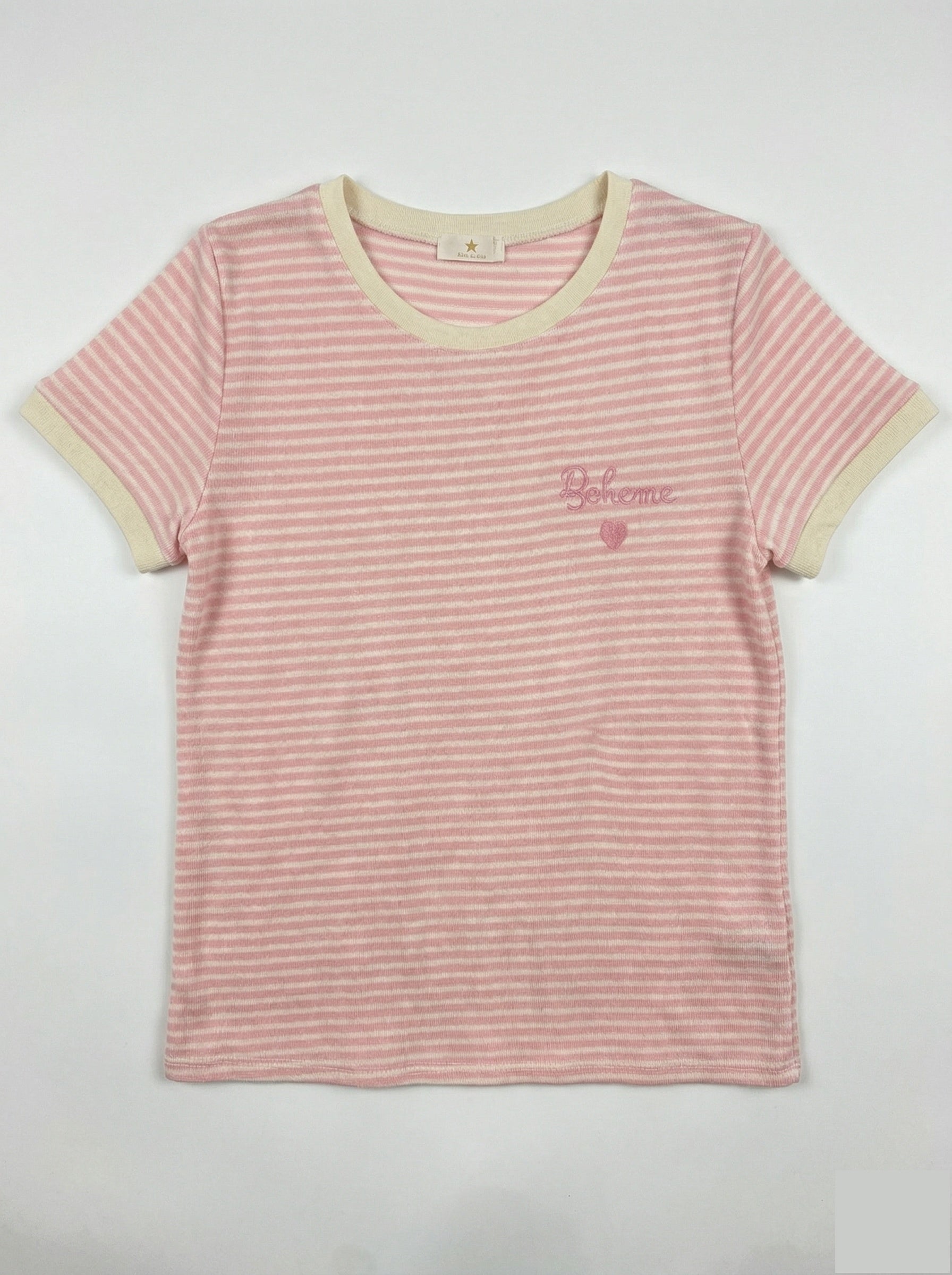 MYBESPK Bohemian Embroidery Striped T-shirt Pink