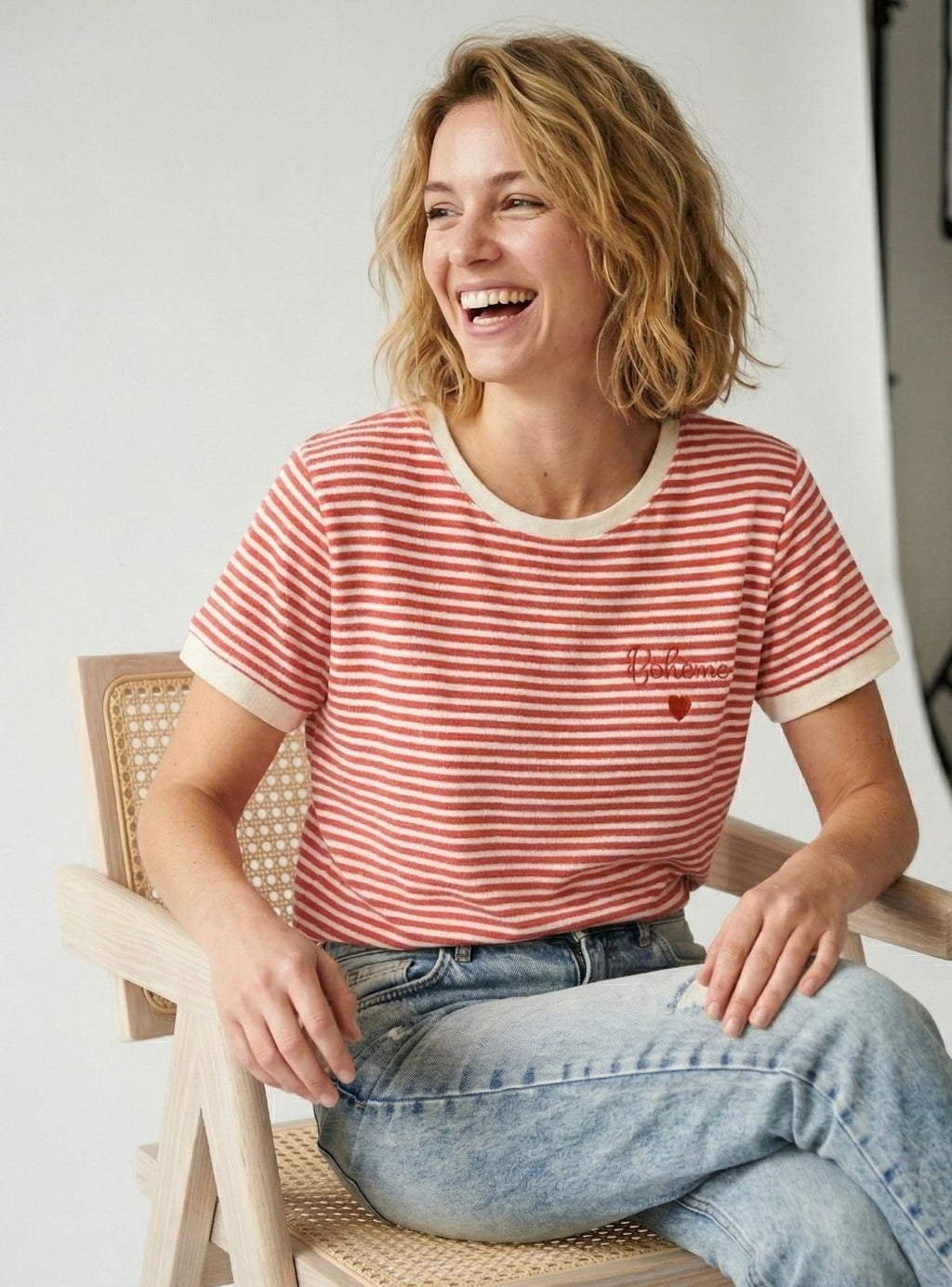 MYBESR Bohemian Embroidery Striped T-shirt Red