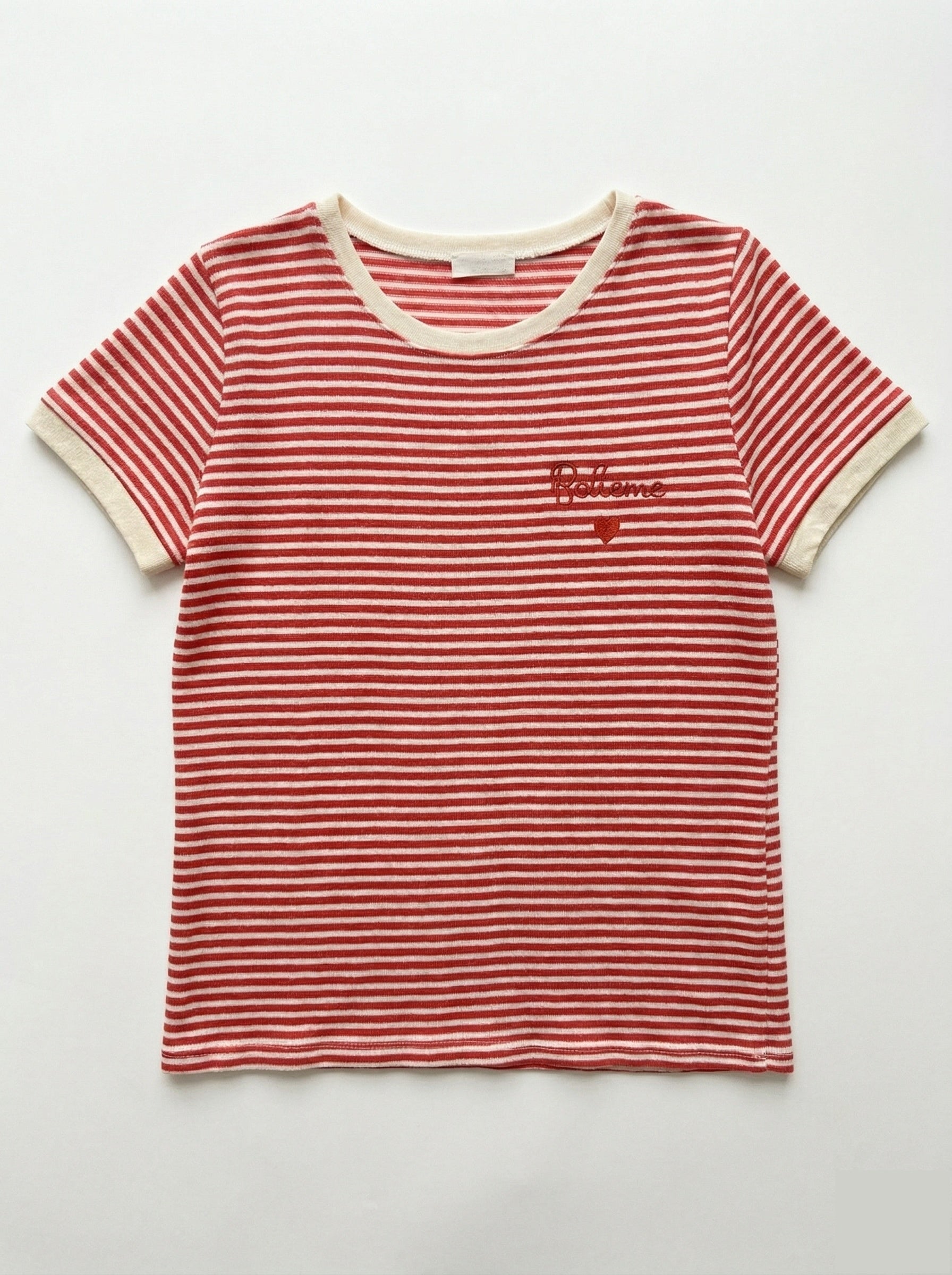 MYBESR Bohemian Embroidery Striped T-shirt Red