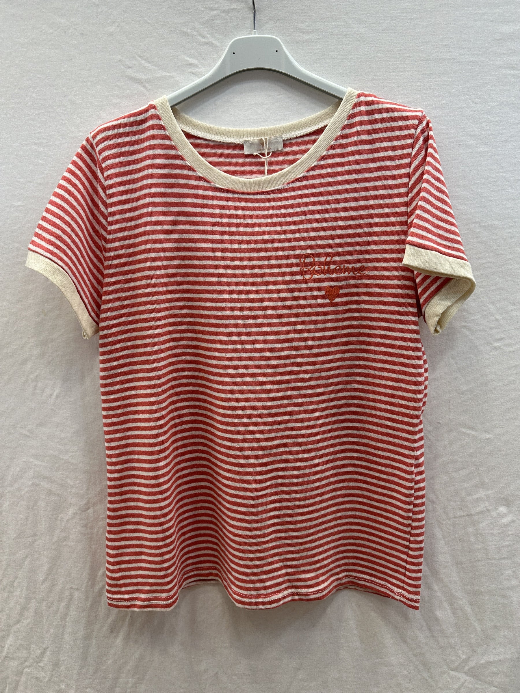MYBESR Bohemian Embroidery Striped T-shirt Red