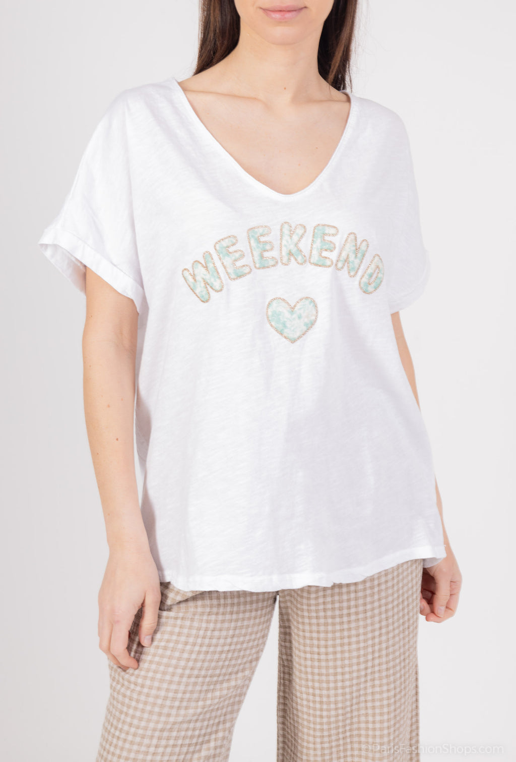 MYWGPFPAM Weekend T-shirt with glitter printed flower printed Aqua Marine
