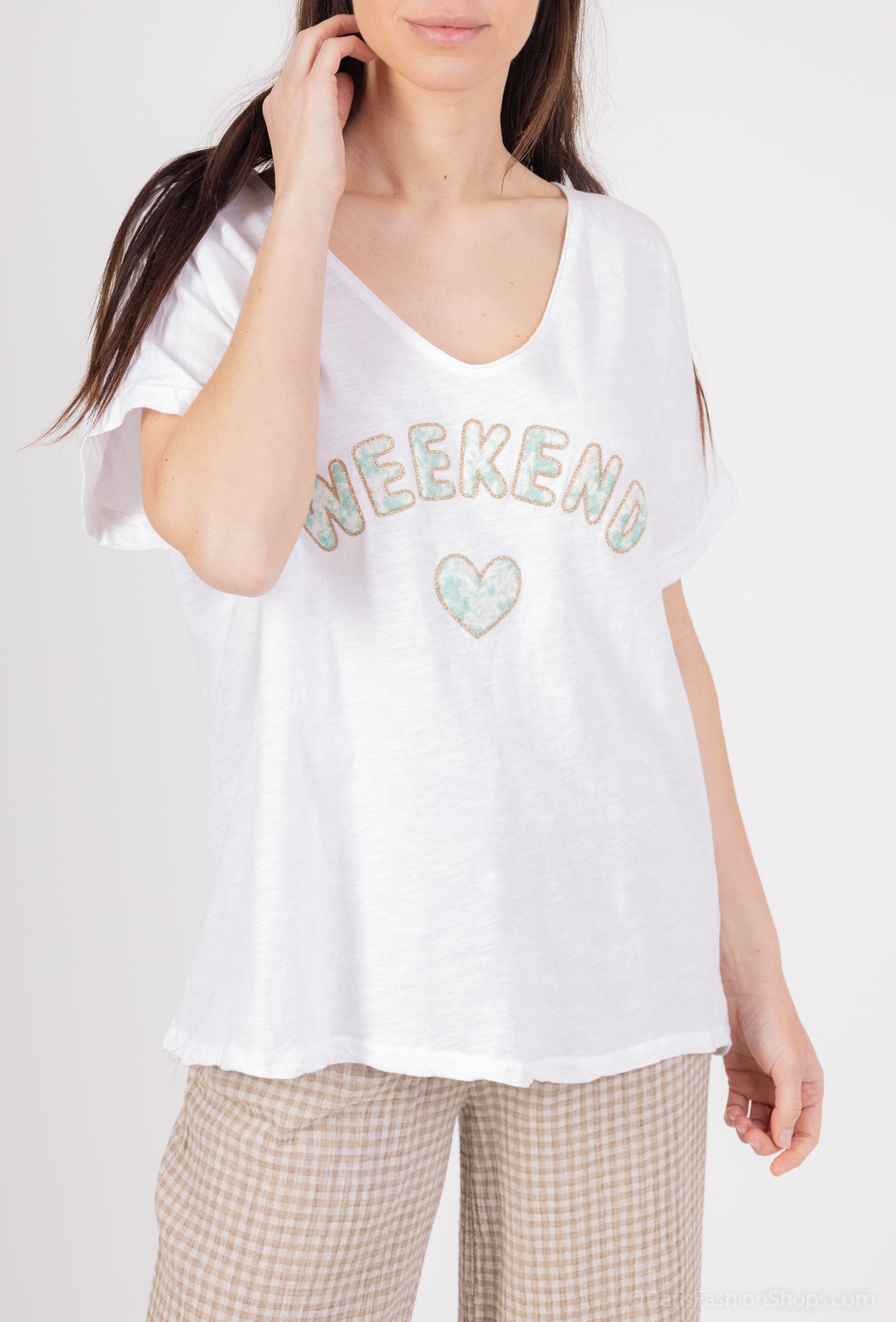 MYWGPFPAM Weekend T-shirt with glitter printed flower printed Aqua Marine