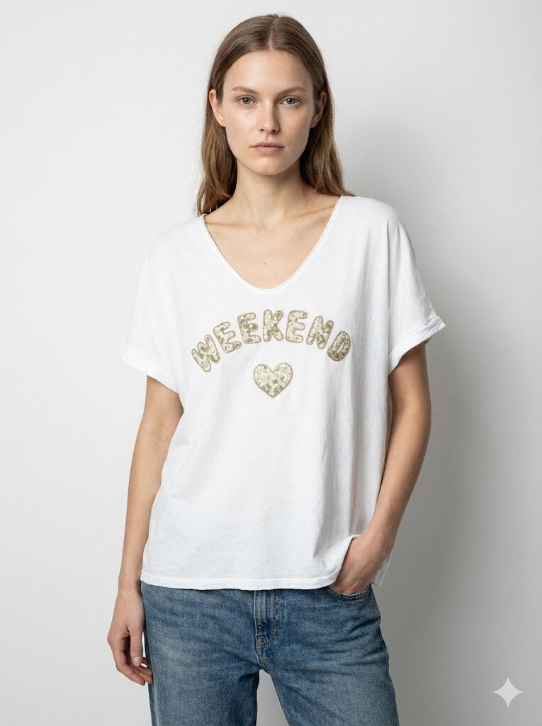 MYWGPFPKK Weekend T-shirt with glitter printed flower printed Kaki