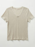 MYNRTCFBG Navy Ribbed Top with Crochet Finish Beige