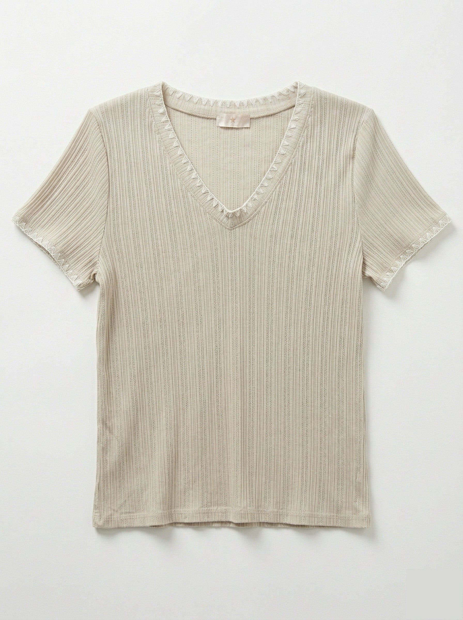 MYNRTCFBG Navy Ribbed Top with Crochet Finish Beige