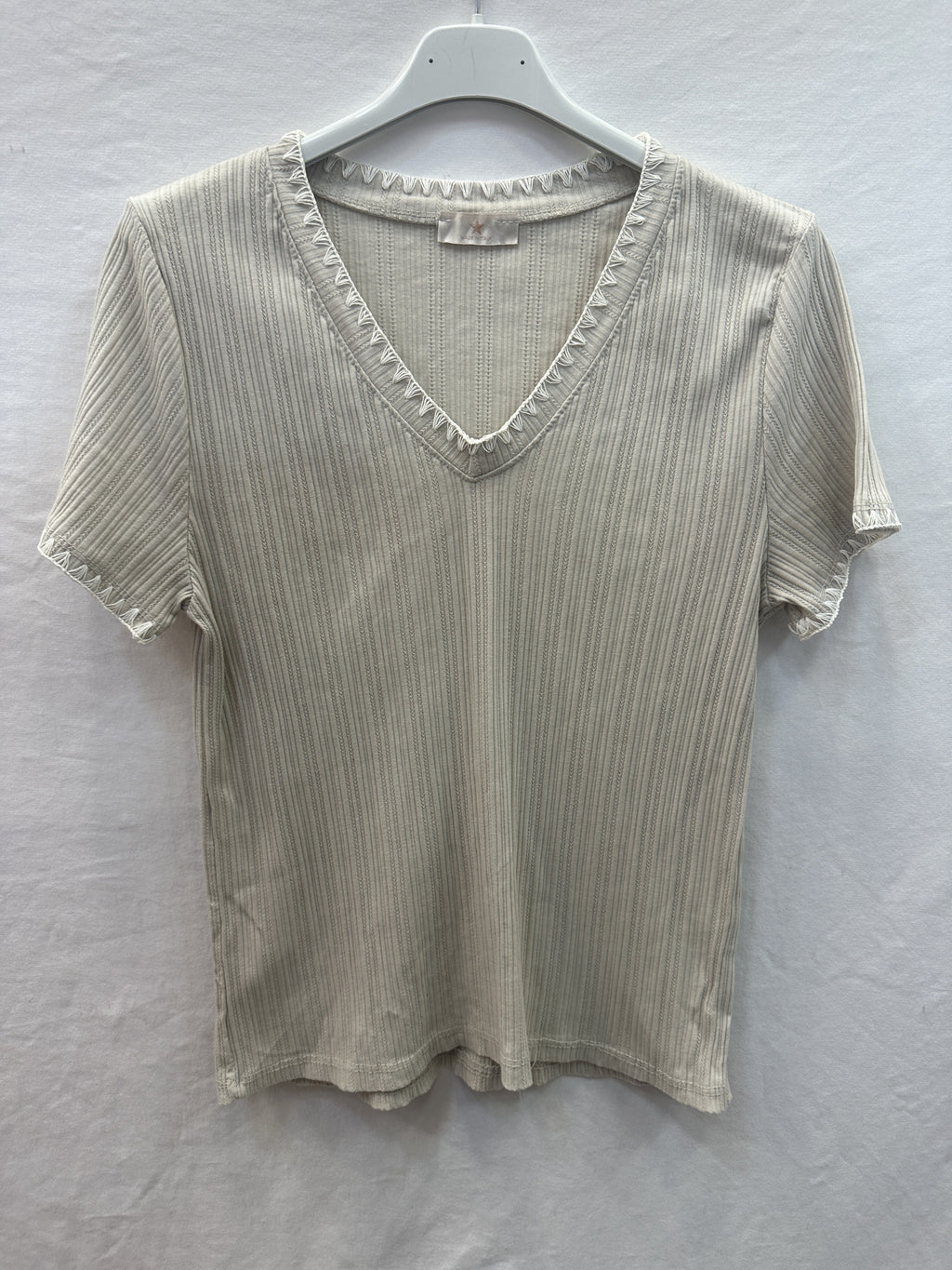 MYNRTCFBG Navy Ribbed Top with Crochet Finish Beige
