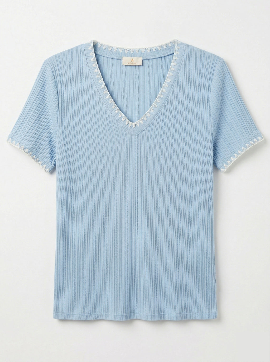 MYNRTCFSB Navy Ribbed Top with Crochet Finish Sky Blue