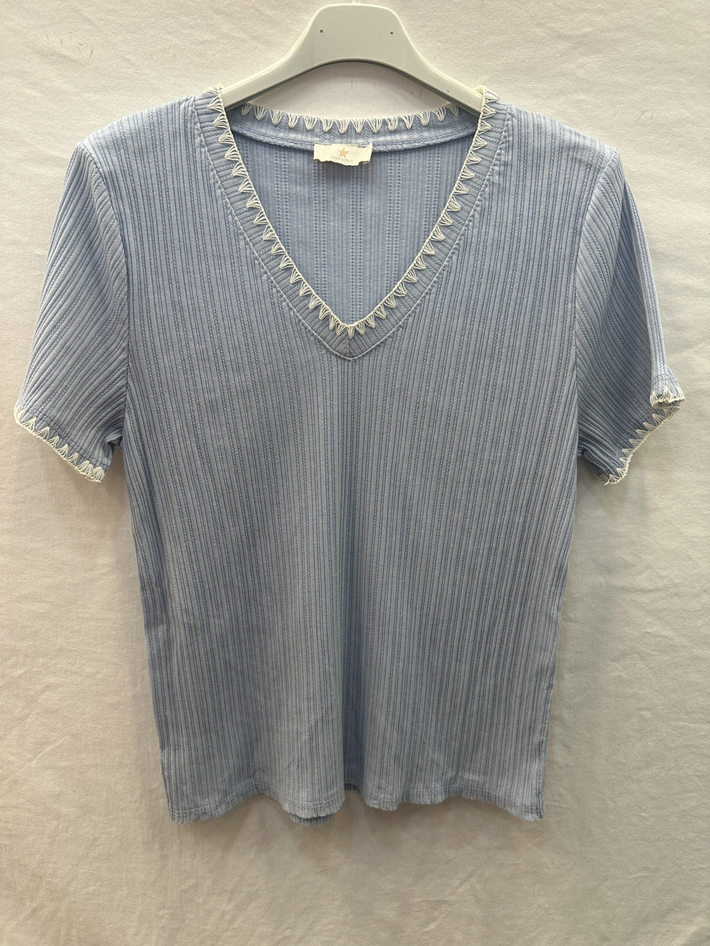 MYNRTCFSB Navy Ribbed Top with Crochet Finish Sky Blue