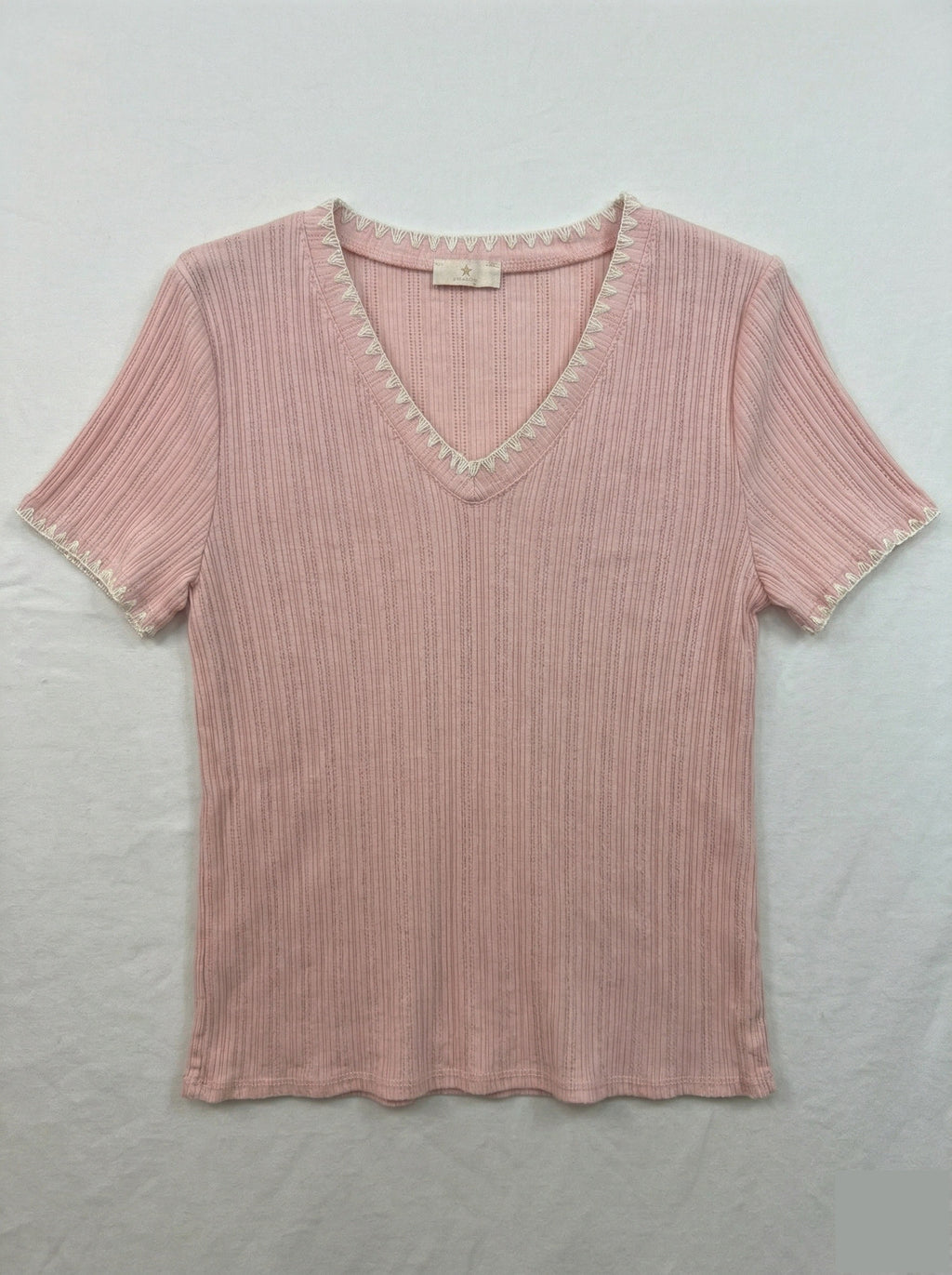 MYNRTCFRS Navy Ribbed Top with Crochet Finish Rose Shadow