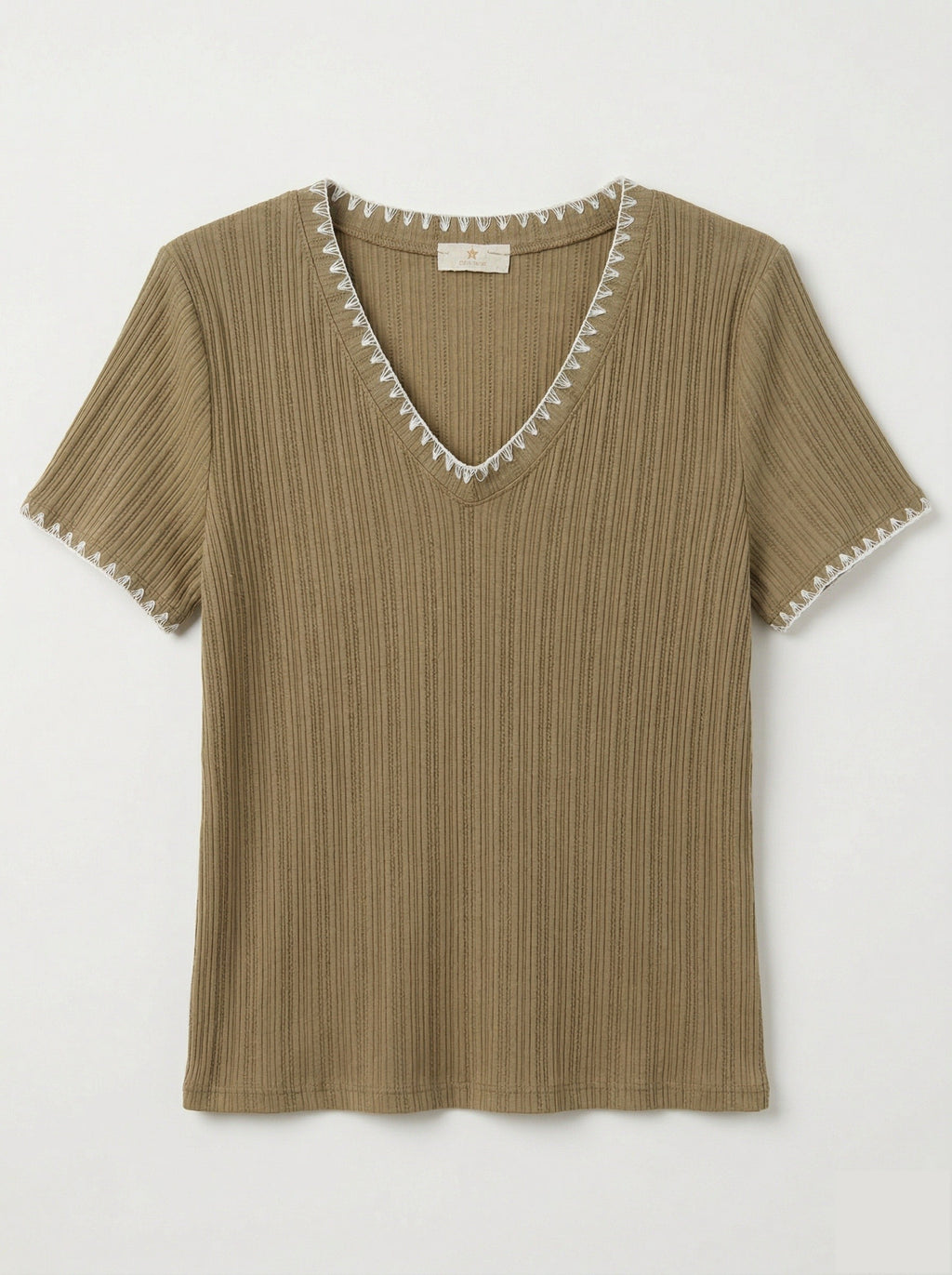 MYNRTCFCA Navy Ribbed Top with Crochet Finish Camel