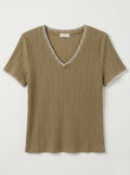 MYNRTCFCA Navy Ribbed Top with Crochet Finish Camel