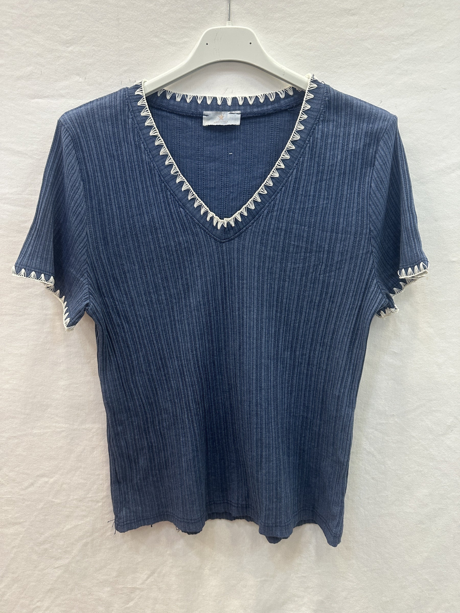 MYNRTCFNV Navy Ribbed Top with Crochet Finish Navy