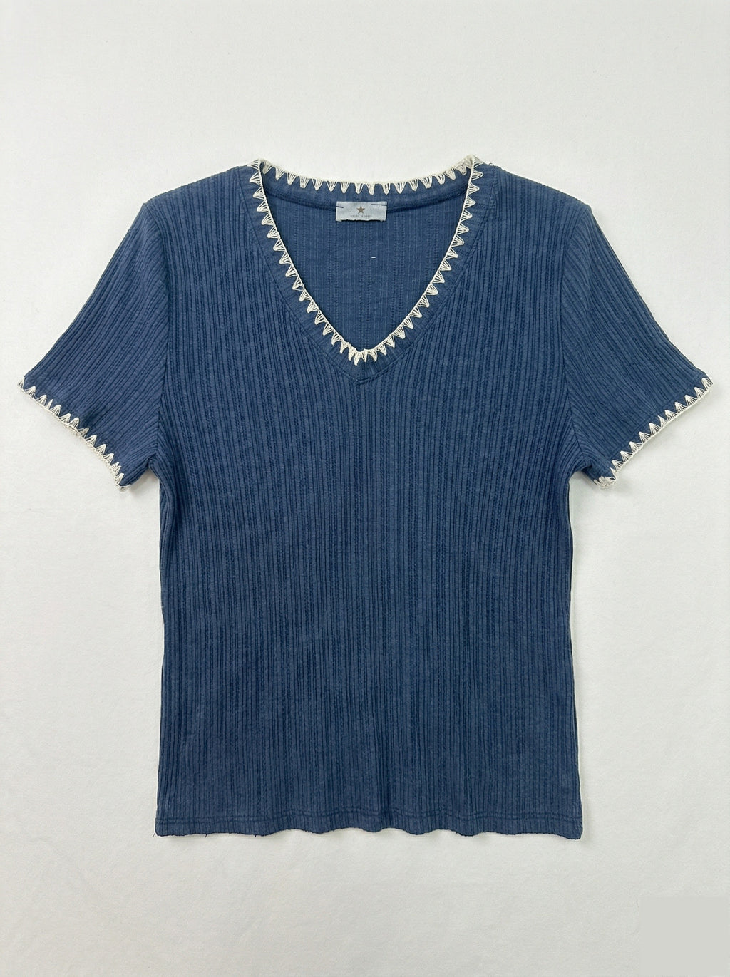 MYNRTCFNV Navy Ribbed Top with Crochet Finish Navy