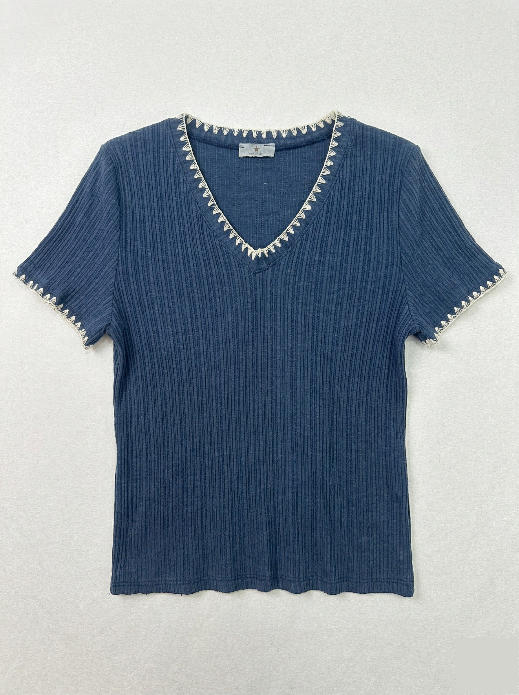 MYNRTCFNV Navy Ribbed Top with Crochet Finish Navy