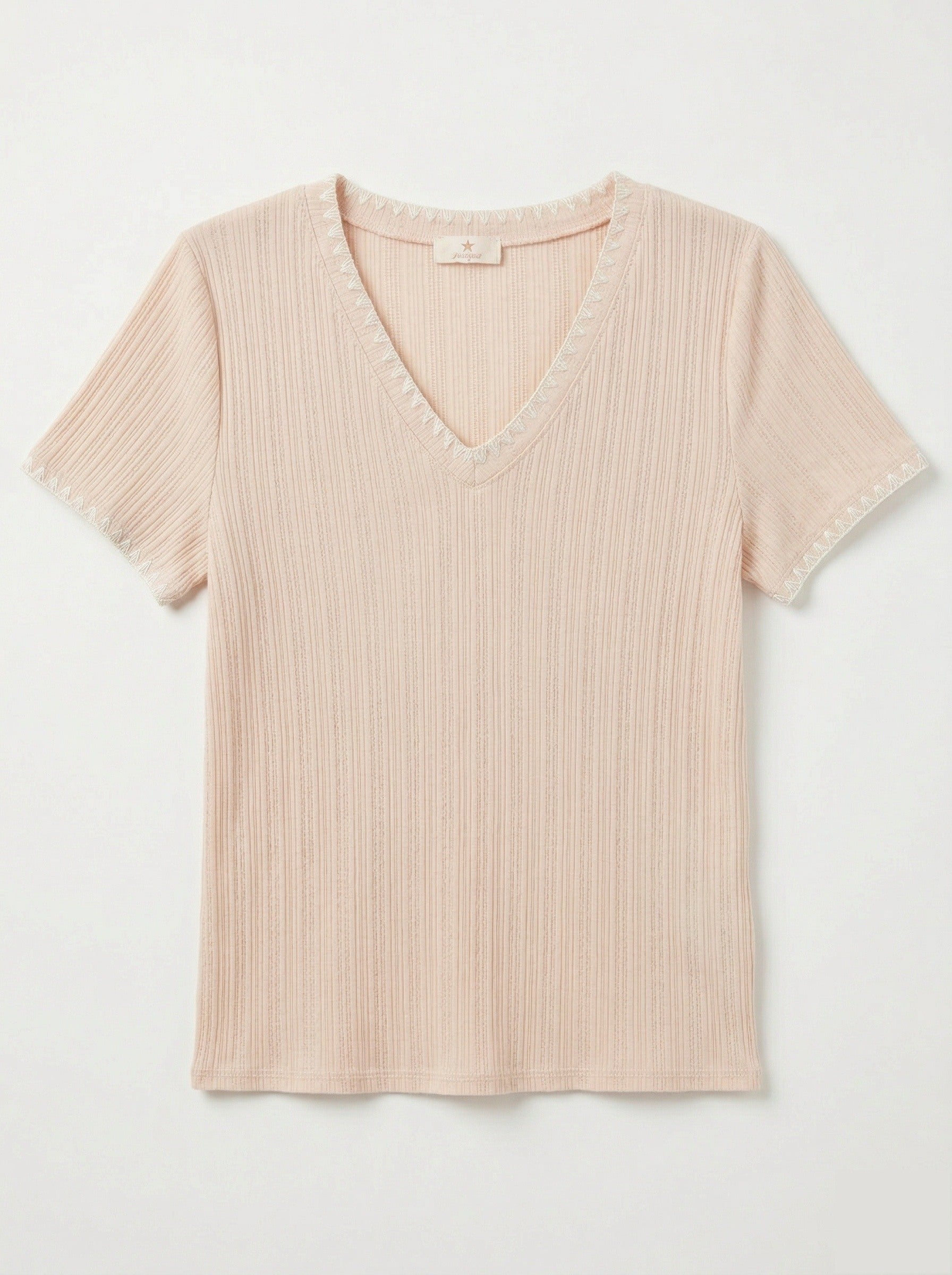 MYNRTCFNU Navy Ribbed Top with Crochet Finish Nude