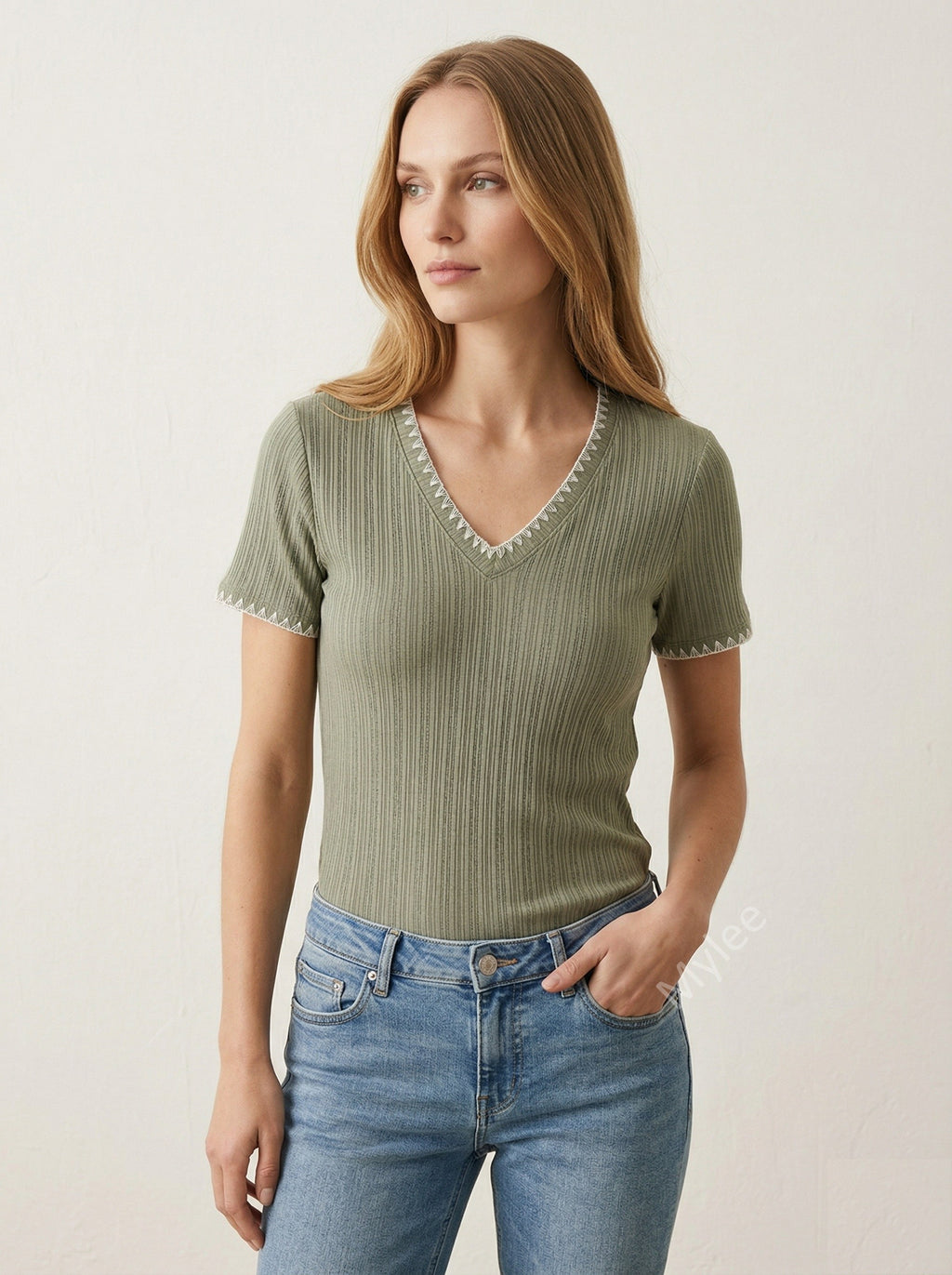 MYNRTCFOL Navy Ribbed Top with Crochet Finish Olive