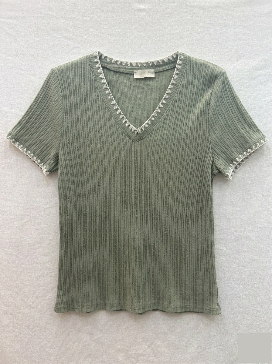 MYNRTCFOL Navy Ribbed Top with Crochet Finish Olive