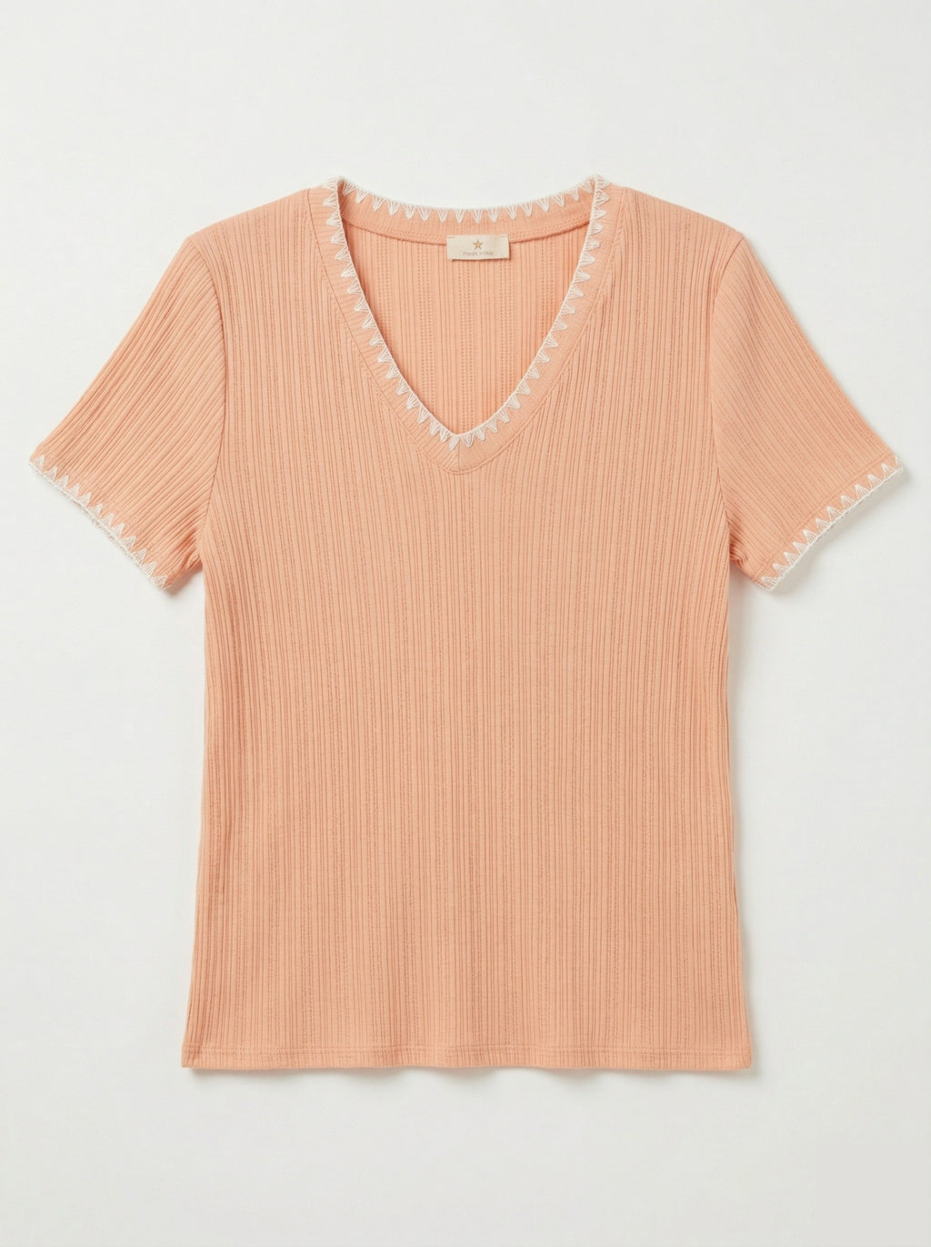 MYNRTCFSA Navy Ribbed Top with Crochet Finish Salmon