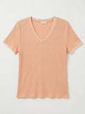MYNRTCFSA Navy Ribbed Top with Crochet Finish Salmon