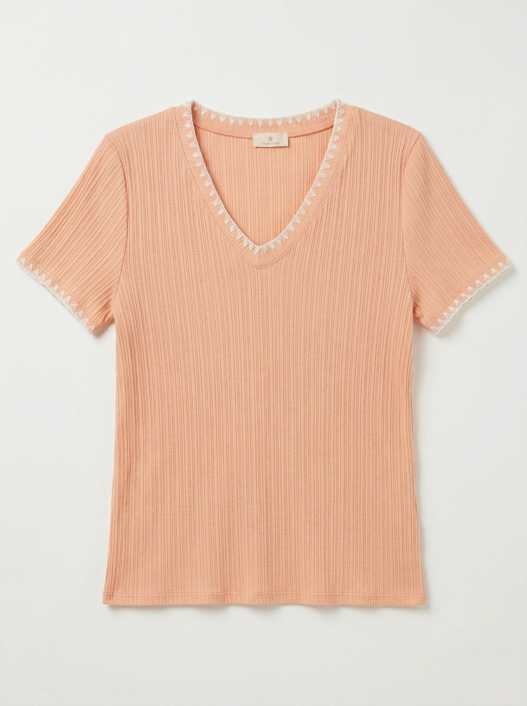 MYNRTCFSA Navy Ribbed Top with Crochet Finish Salmon