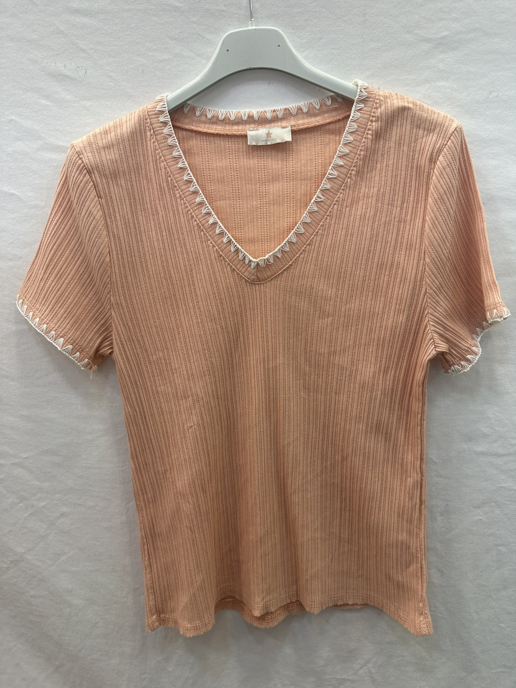 MYNRTCFSA Navy Ribbed Top with Crochet Finish Salmon