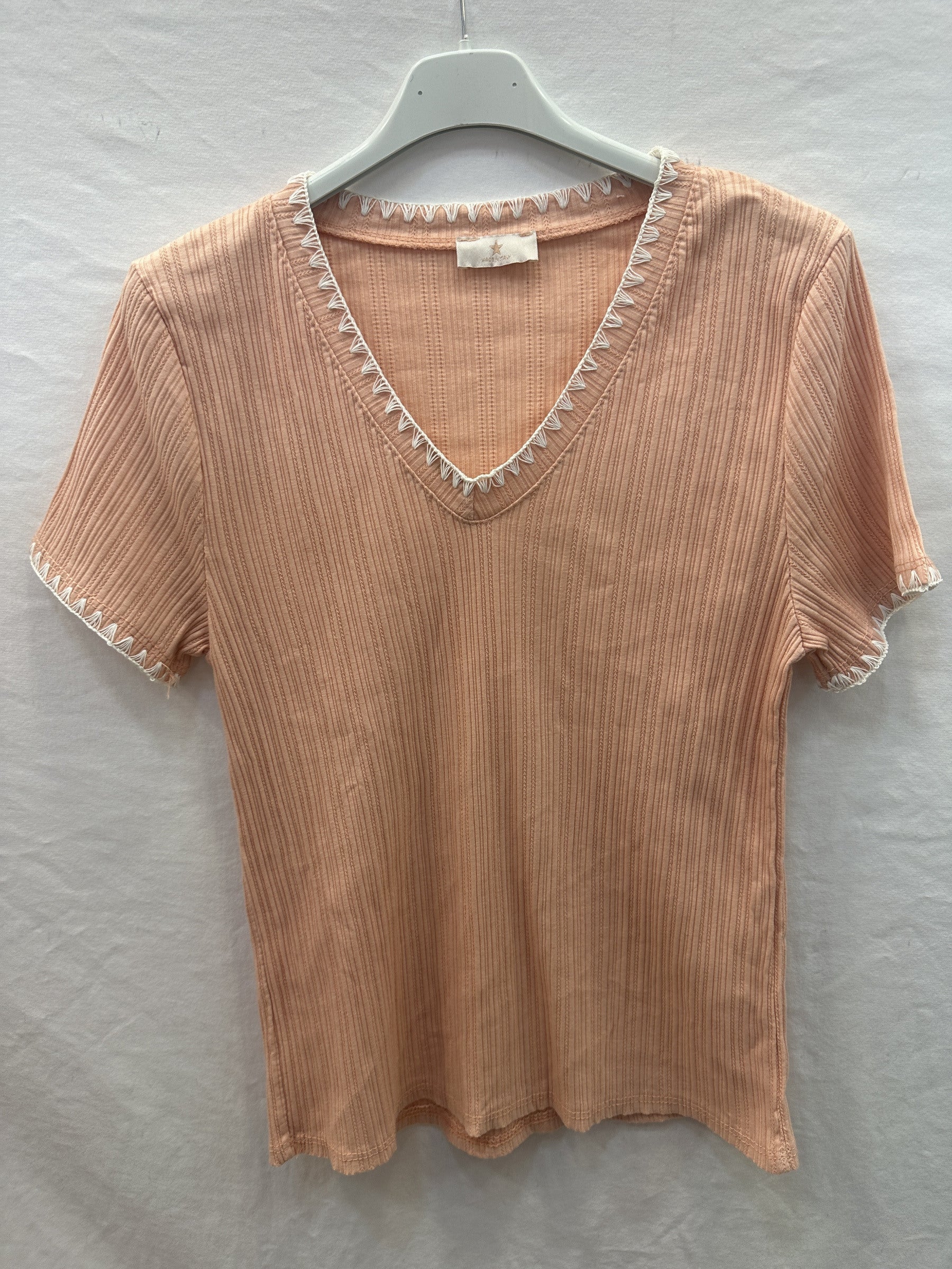MYNRTCFSA Navy Ribbed Top with Crochet Finish Salmon