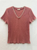 MYNRTCFORO Navy Ribbed Top with Crochet Finish Old Rose