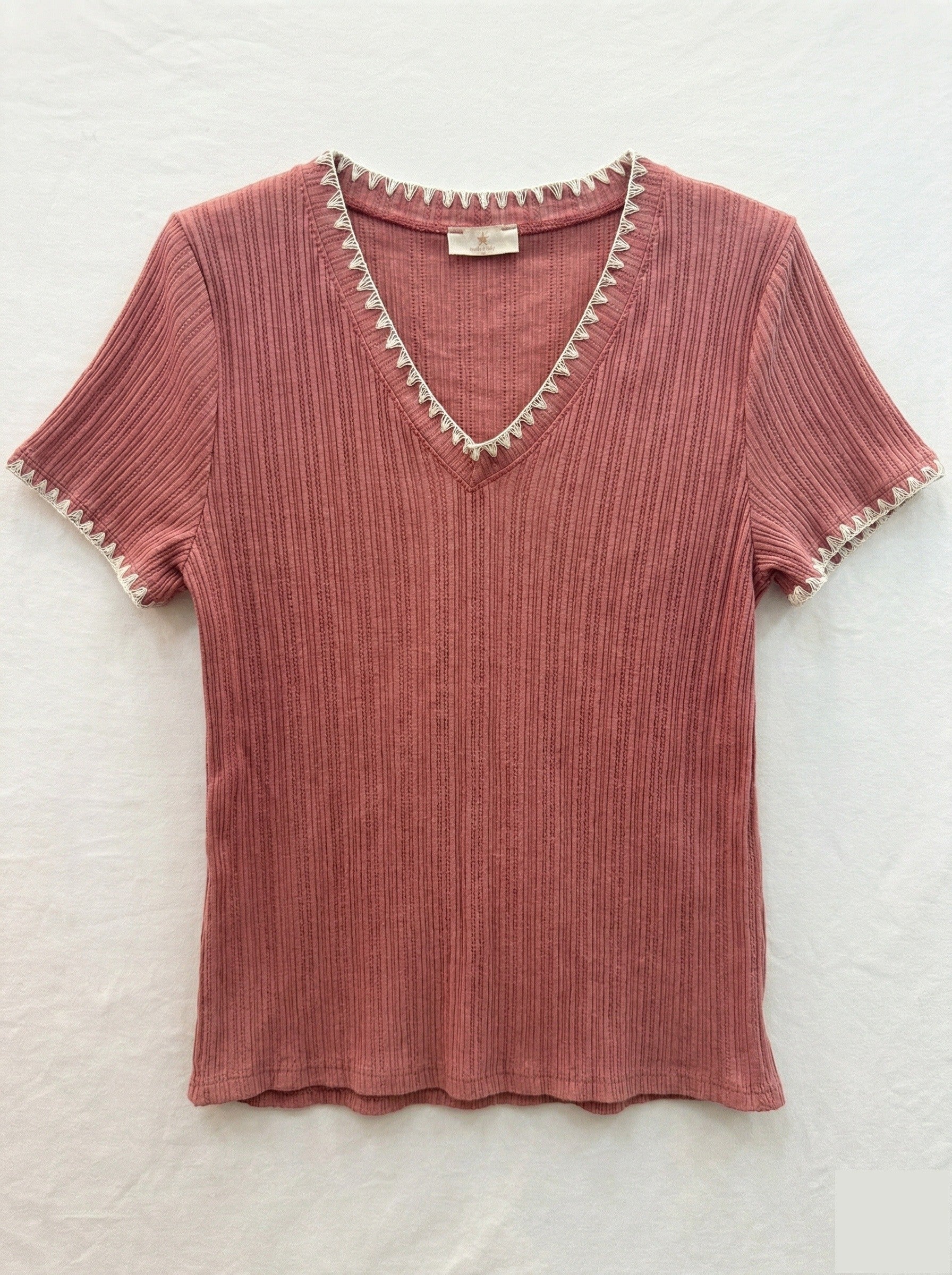 MYNRTCFORO Navy Ribbed Top with Crochet Finish Old Rose