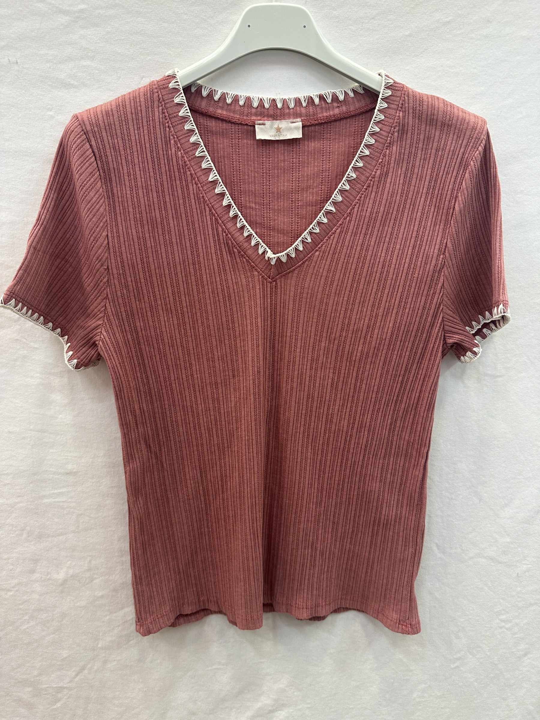 MYNRTCFORO Navy Ribbed Top with Crochet Finish Old Rose