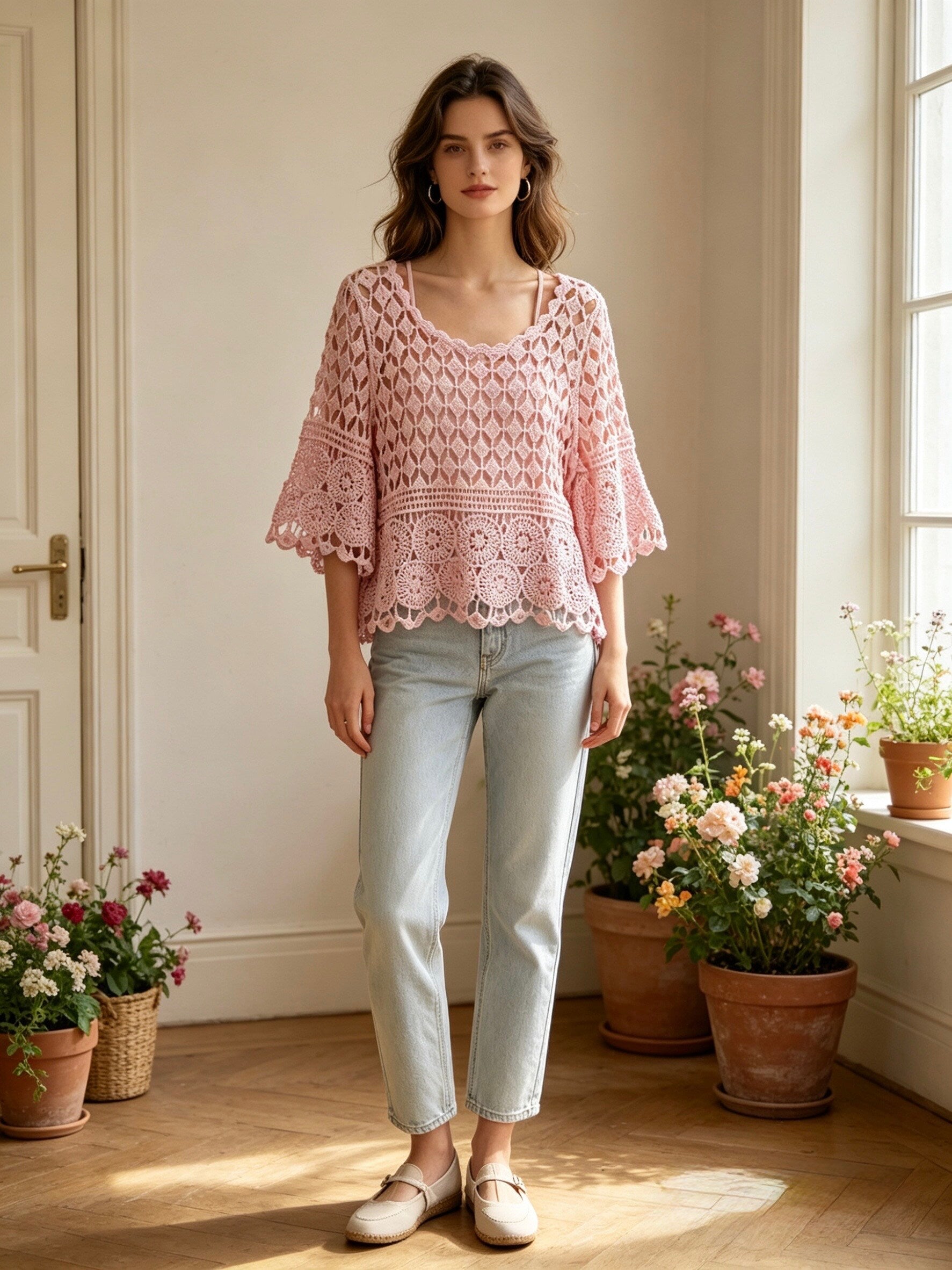 MSTCDPK Crochet Cotton Top with Tank Liner Pink