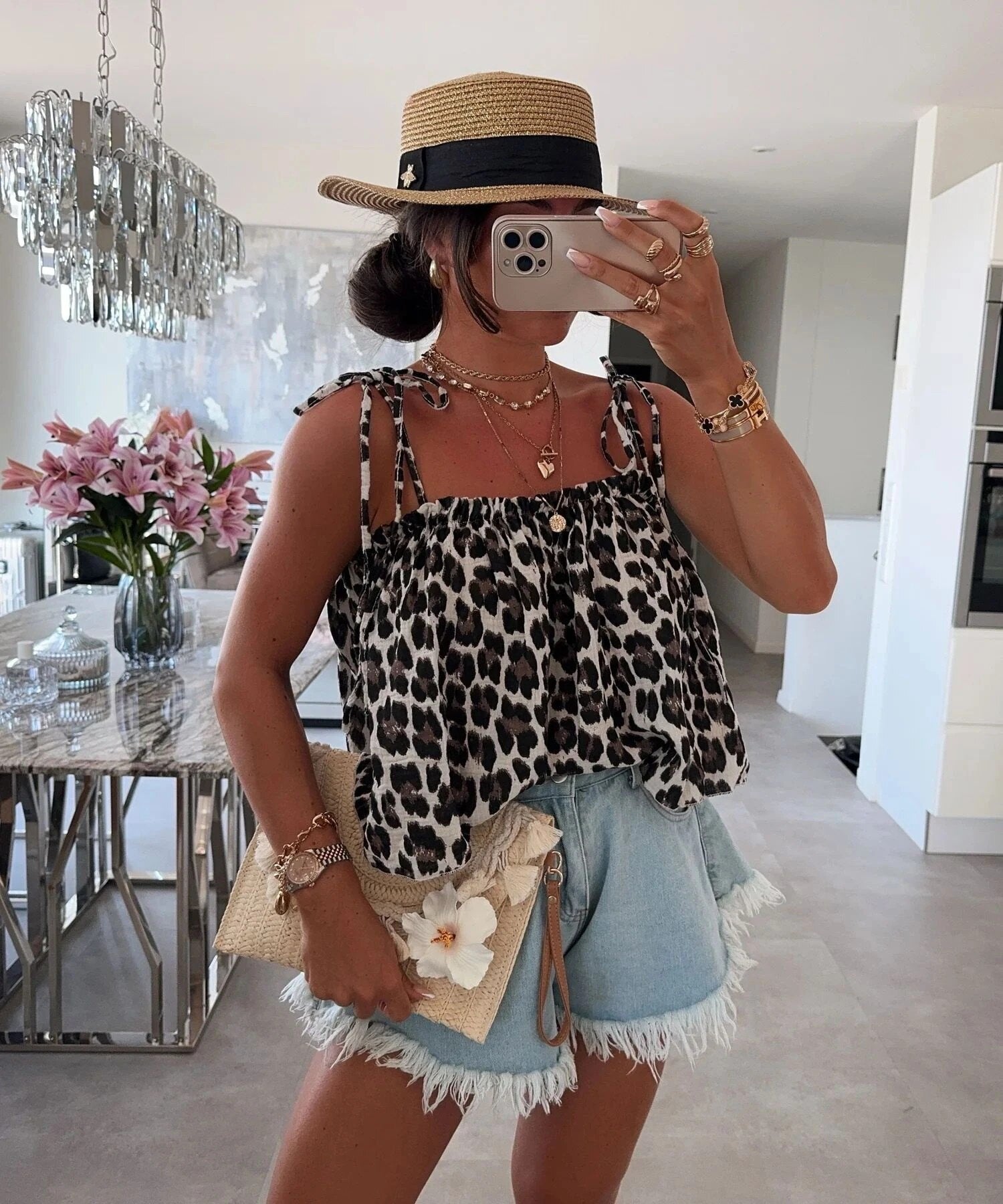 ESTLTBE Leopard Print Gauze Cotton Cami Top Beige