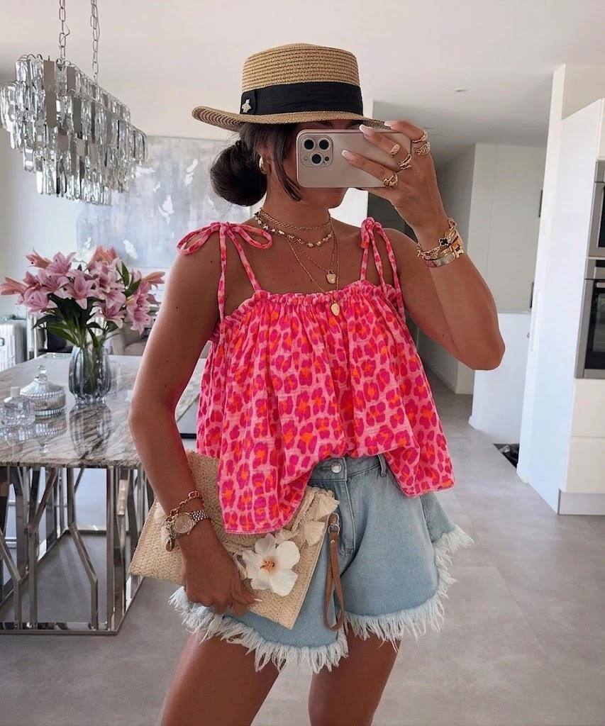 ESTLTPK Leopard Print Gauze Cotton Cami Top Pink