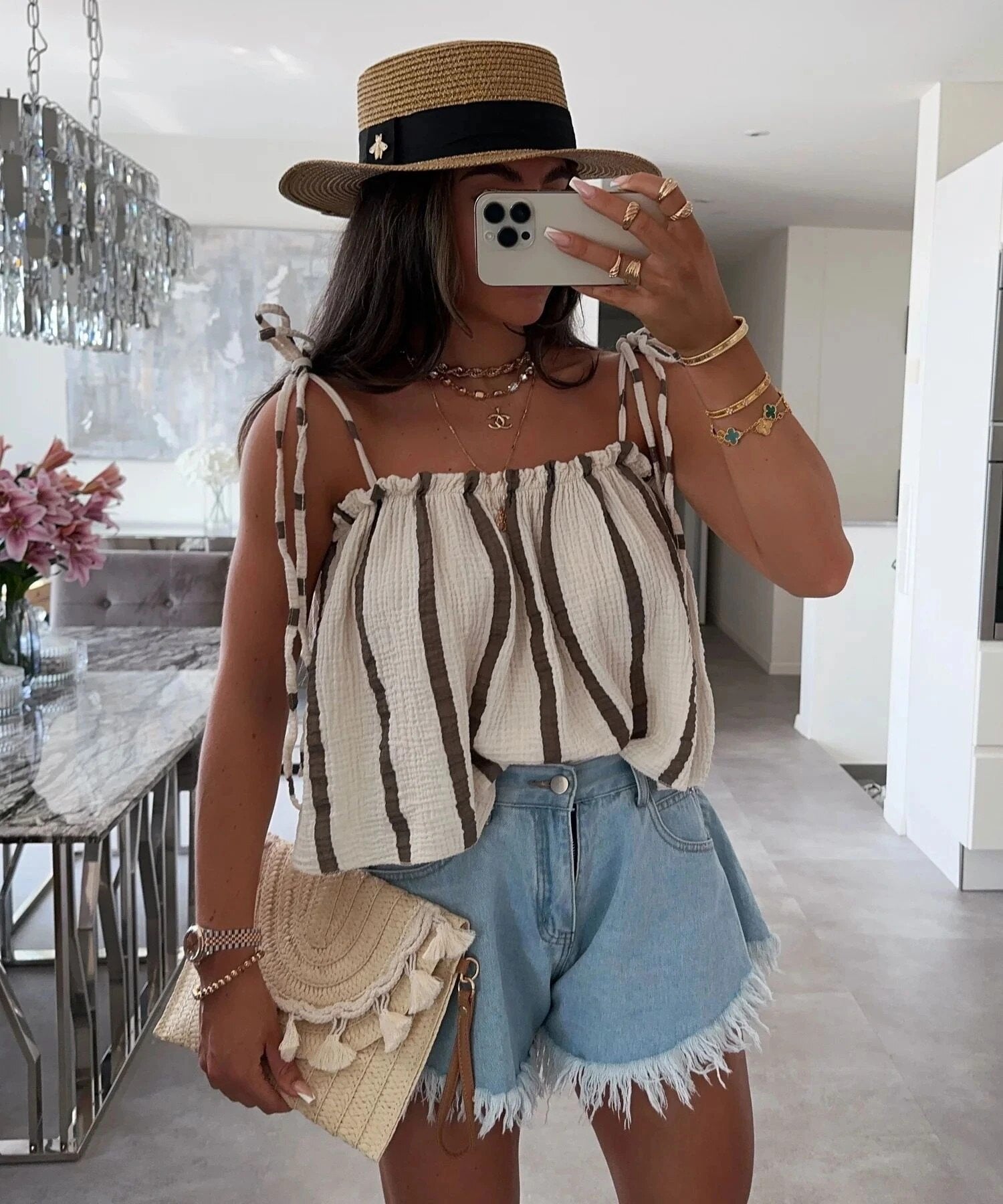 ESTSVBE Striped Cotton Voile Cami Top Beige