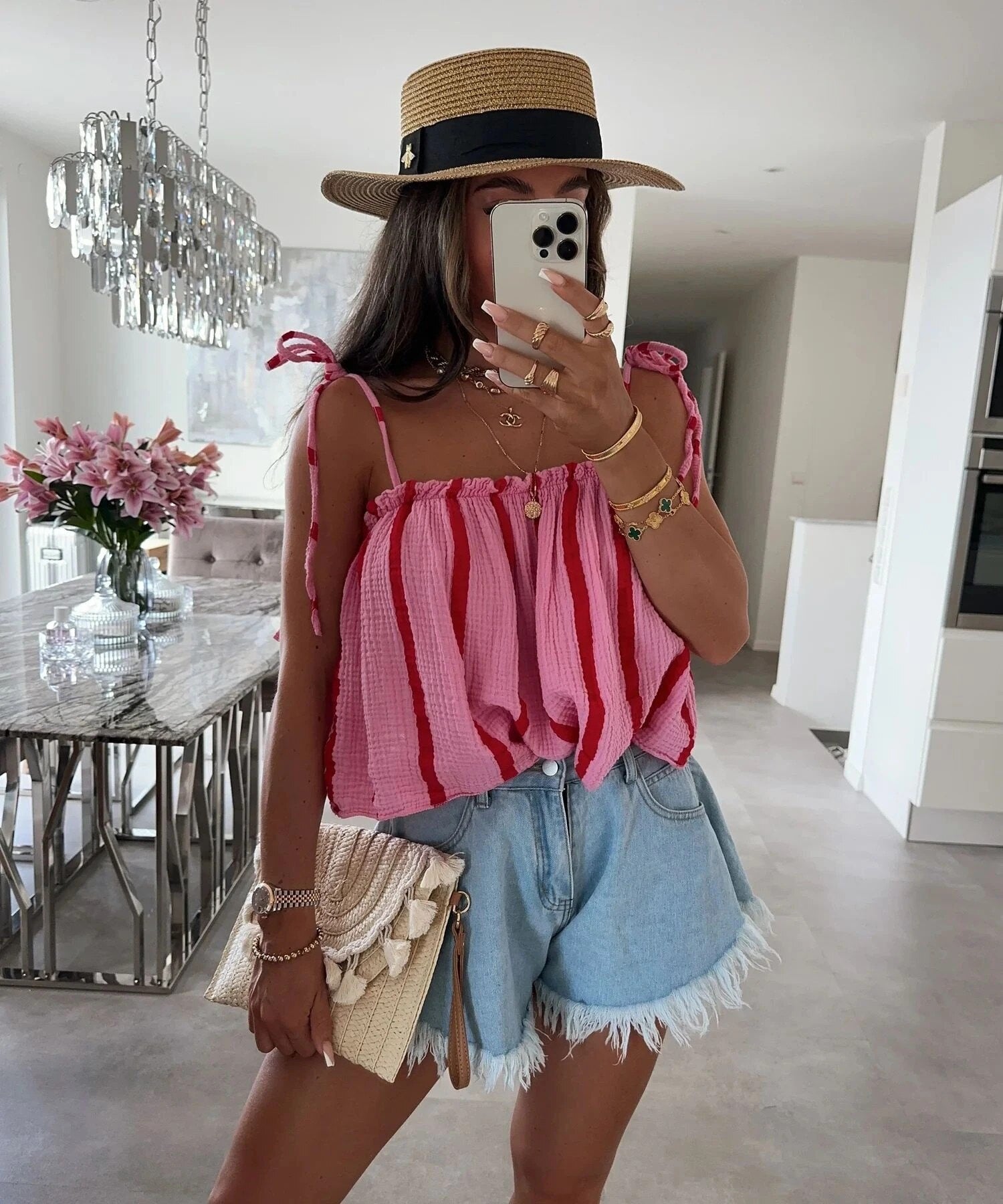ESTSVPK Striped Cotton Voile Cami Top Pink