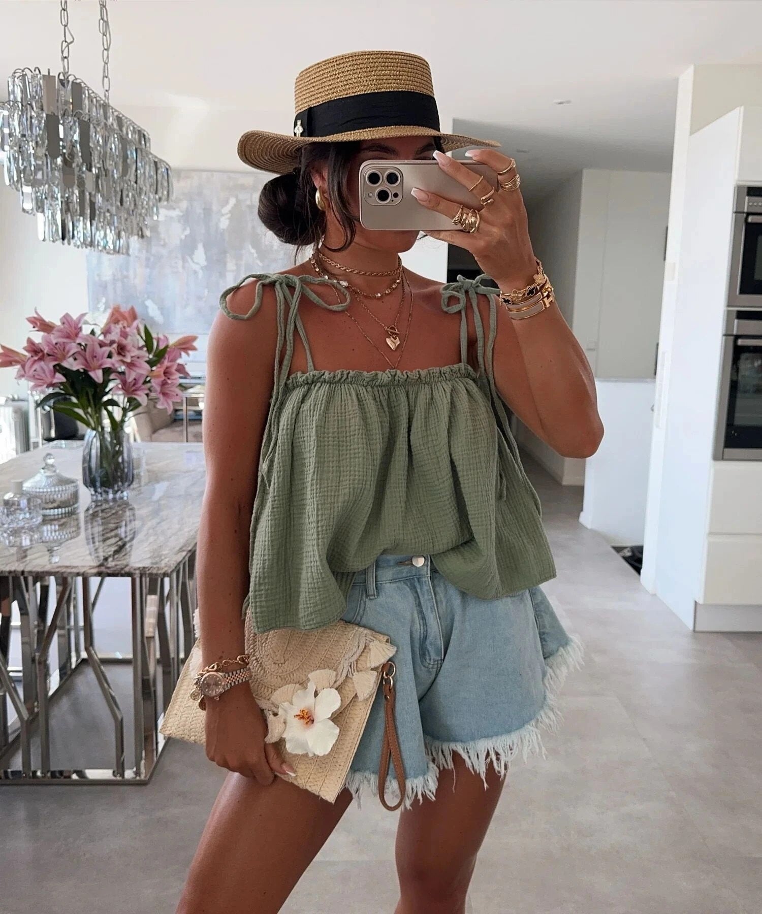 ESTVTKH Cotton Voile Cami Top Khaki