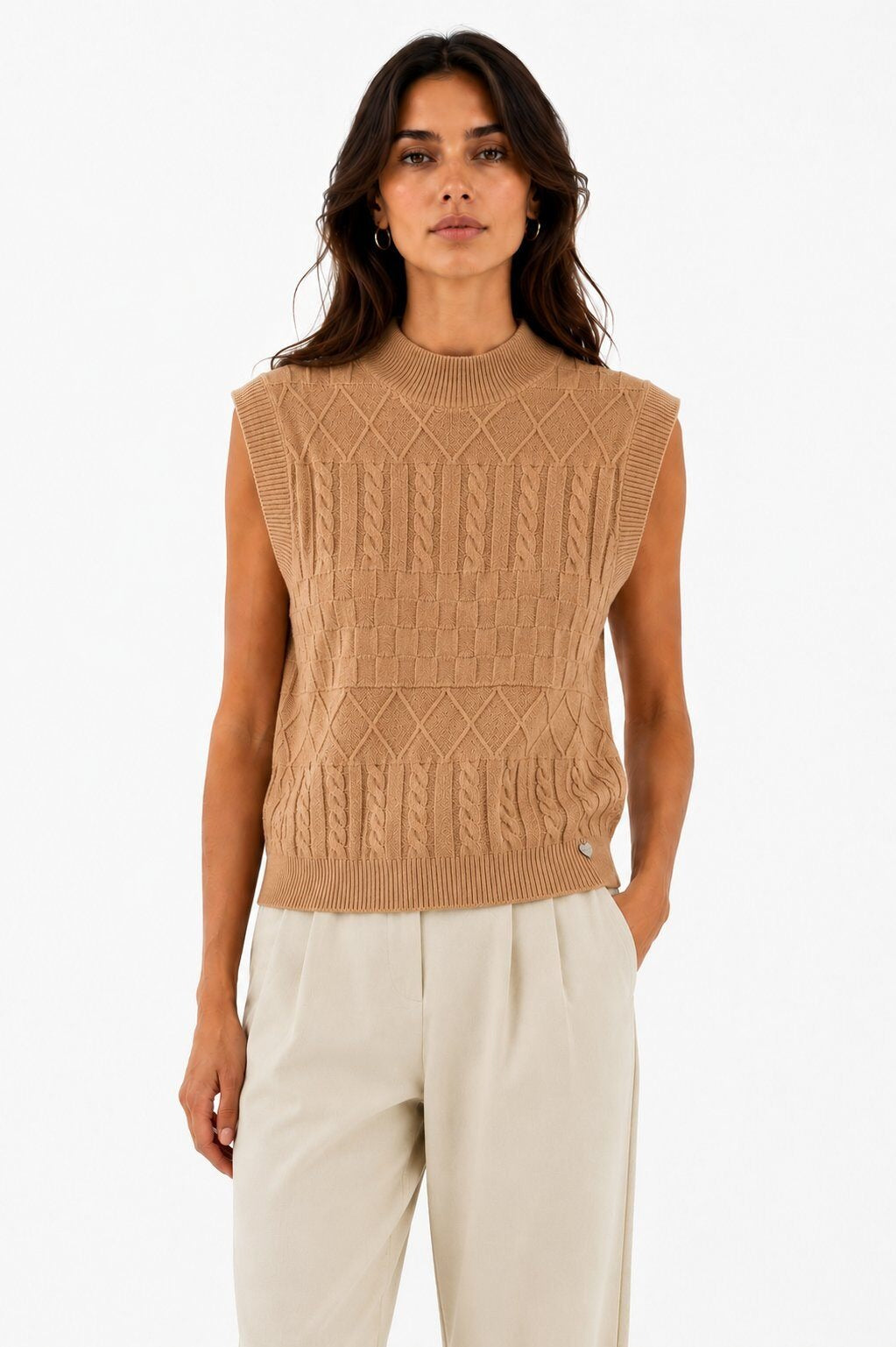 LUJKT7 Camel Jacquard Knit Tank Top