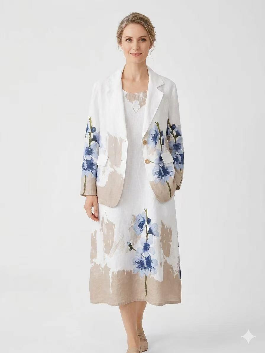 ZOB9WH Watercolor Floral Linen Blazer White
