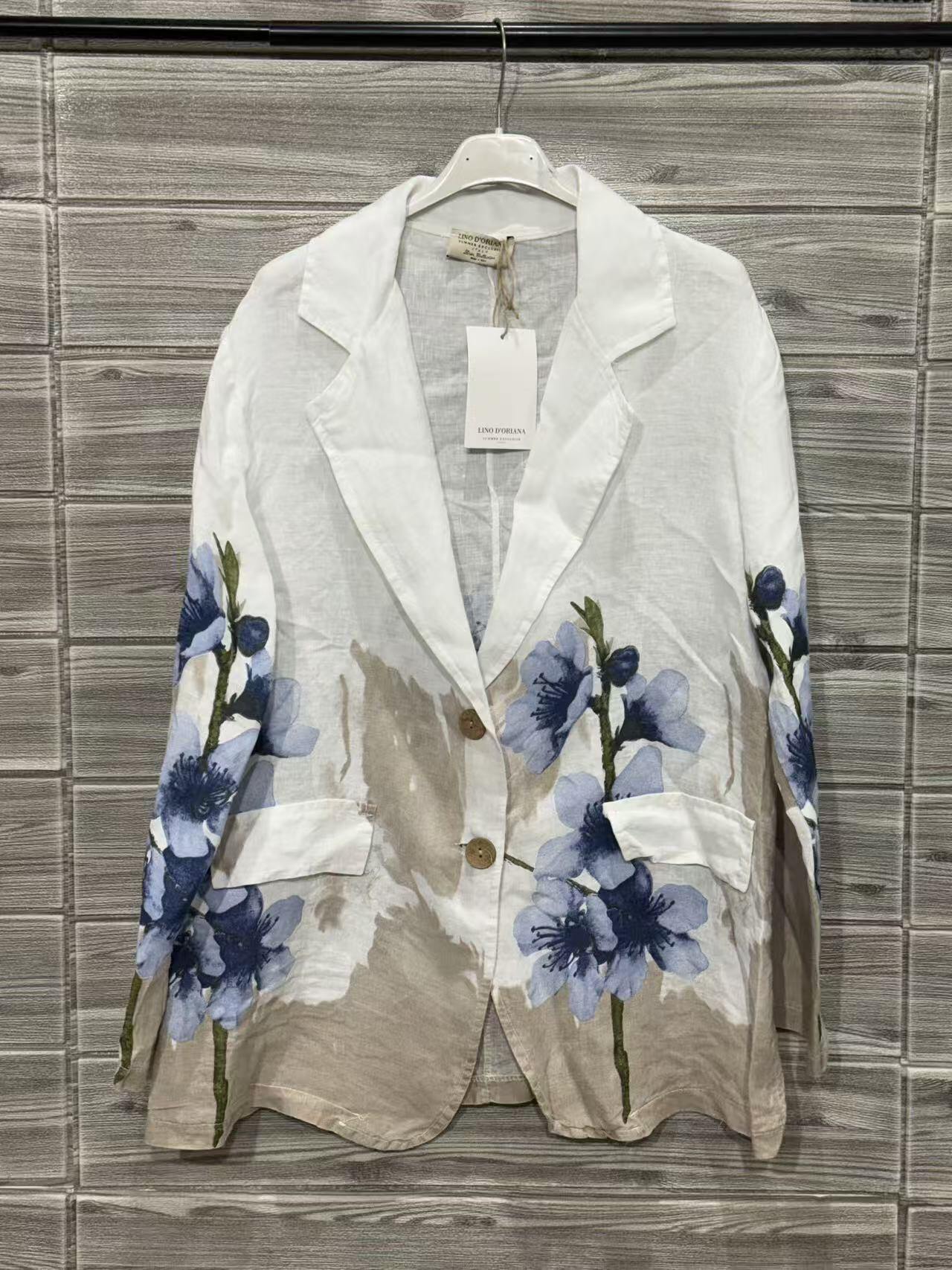 ZOB9WH Watercolor Floral Linen Blazer White