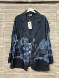ZOB9DB Watercolor Floral Linen Blazer Dark Blue